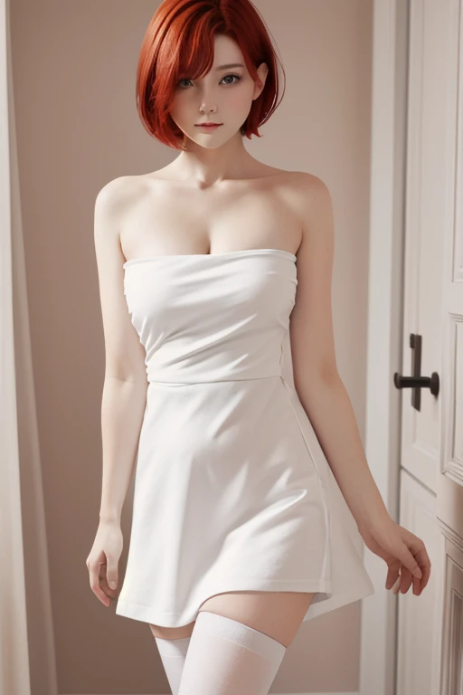 masterpiece, super quality. Full length photo. beautiful girl. голая в towel, white stockings, big breasts, Red hair, One, 1 girl, blush, towel, I look at the viewer, Red eyes, cowboy shot, short hair, clavicle, simple background