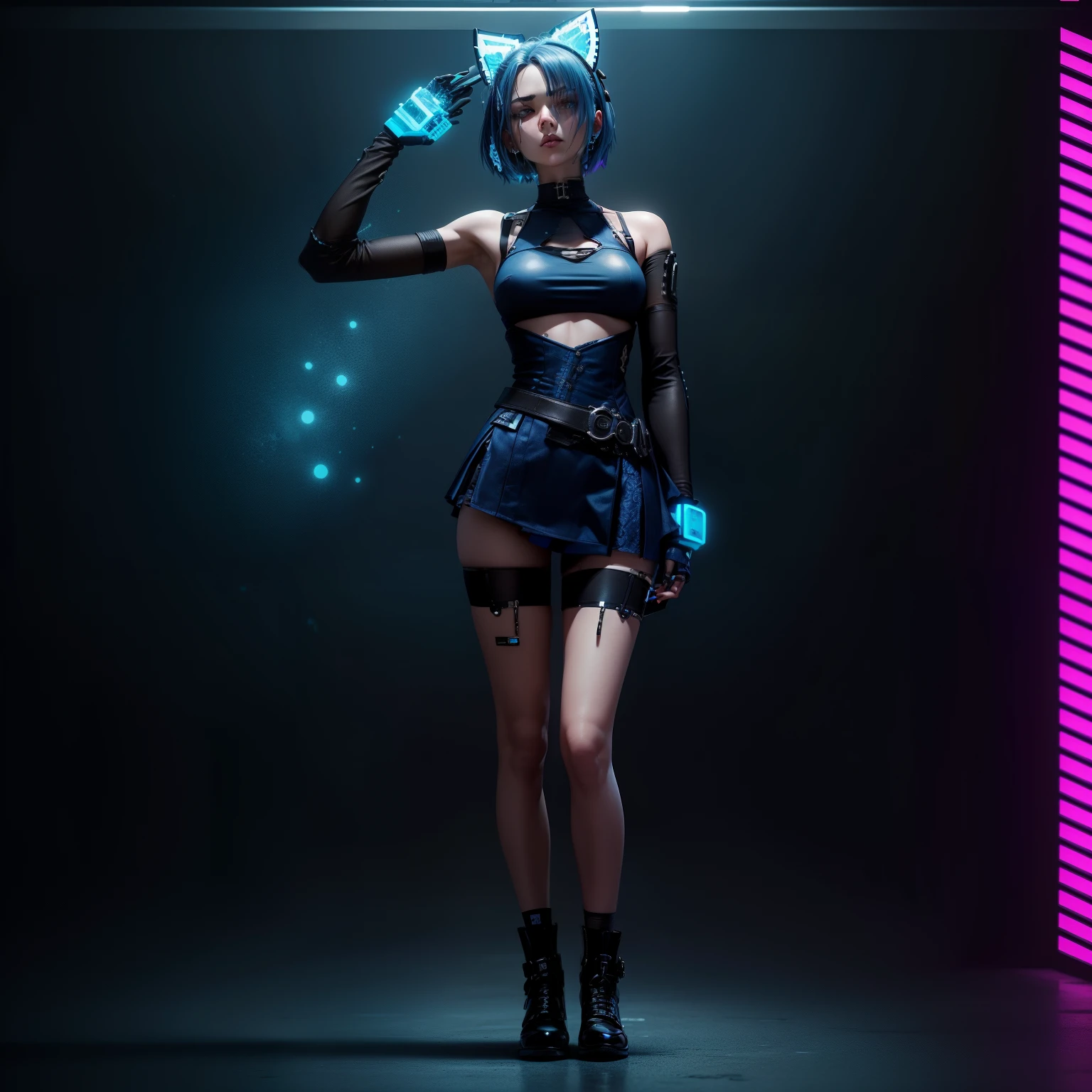 create a cyberpunk style, high quality, do not change clothing details, do not change shoe styles, do not change face details, do not change hair details, blue hair, do not change balance, do not change dimensions, high quality, high sharpness, very clear picture, do not change colors of clothing, do not change the color of the model, do not change the details of accessories, do not change the details of accessories, blue dress with black inserts, white stockings, blue elbow-length gloves, pronounced nipples,
