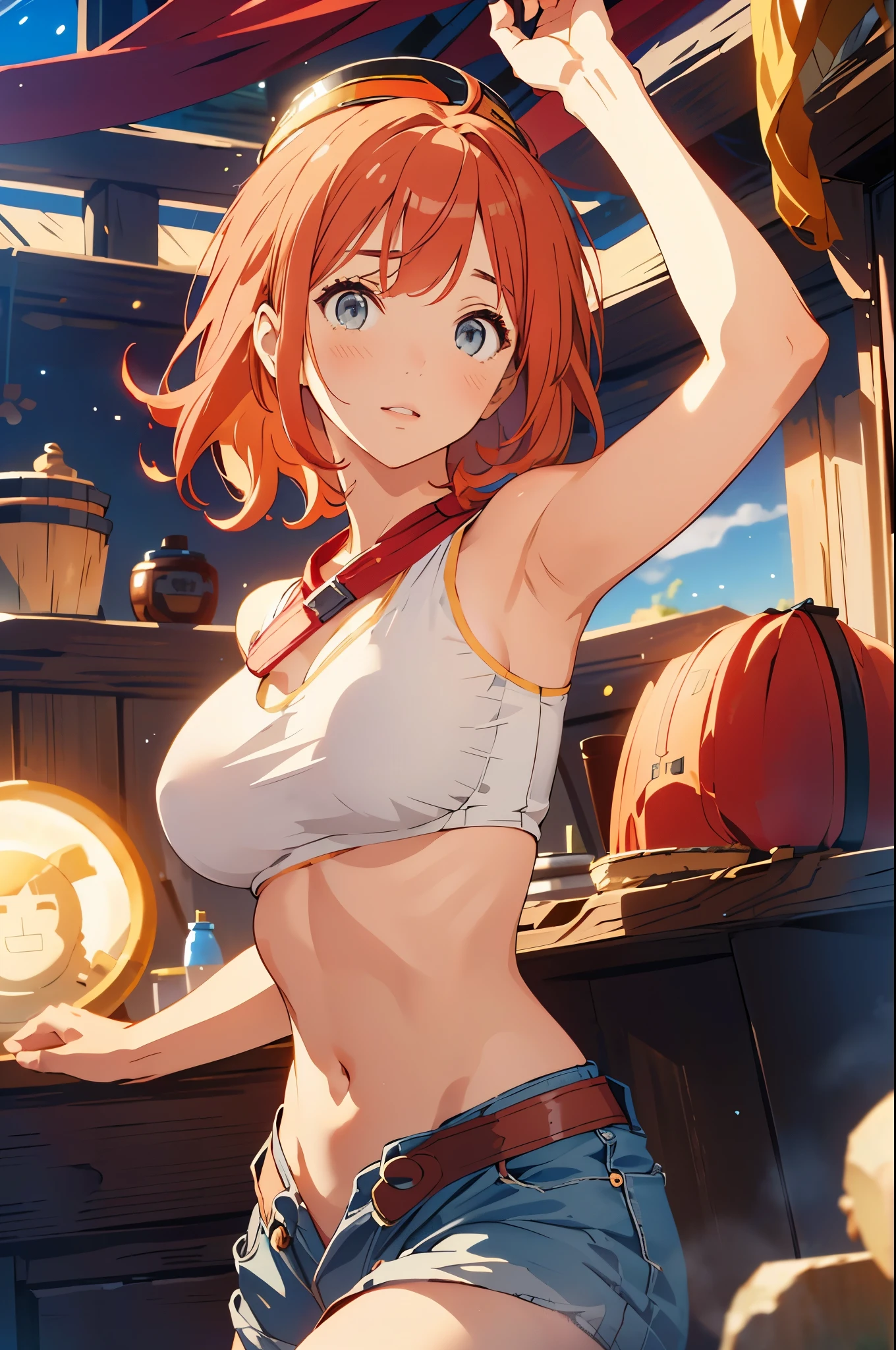 portrait of emilyrudd, nami, a woman, redhead, short red hair, in a pirate ship, huge breasts, breasts larger than head, thick thighs, abs, large brasts, massive breasts, hyper breasts, bubble ass, bubble butt, (best quality:1.1), (masterpiece:1.4), (absurdres:1), (masterpiece), best quality, expressive eyes, perfect face, curvilienar waist, EnvyBetterHands LoCon, autonomically accurate,