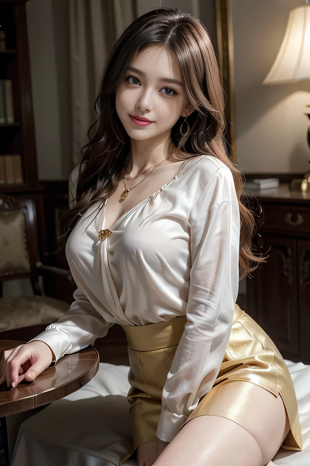 table top, highest quality, realistic, Super detailed, finely, High resolution, 8k wallpaper, 1 beautiful woman,, sharp focus, perfect dynamic composition, beautiful and detailed eyes, thin hair, Detailed realistic skin texture, smile, close-up portrait, model body shape、president'secretary、mini skirt、high heels、whole body、suit,((brown semi-long hair:1.2))((Gentle inward-curving waves:1.2)),((gold necklace_big earrings:1.2)),((shy smile:1.3)),((blouse and skirt, Wearing a white silk blouse,Please wear a white shirt and a dark purple skirt.:1.3)), 、whole bodyショット、((Standing whole body figure supermodel, whole bodyがフレーム内に収まる))、in a luxurious room、