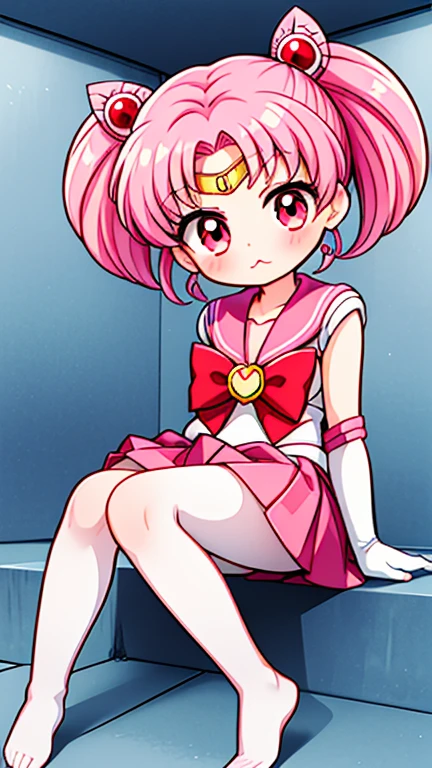 Sailor Moon，childhood，Young，Seven years old，Cute little ，Pink hair twintails，red eyes，short hair，Sailor suit，bow tie，White elbow gloves，Red Skirt，sitting，no shoes，Pout，white pantyhose