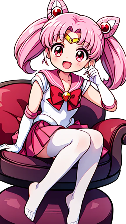 Sailor Moon，childhood，Young，Seven ，Cute little loli，Pink hair twintails，red eyes，short hair，Sailor suit，bow tie，White elbow gloves，Red Skirt，sitting，no shoes，Open your mouth，laughing out loud，white pantyhose