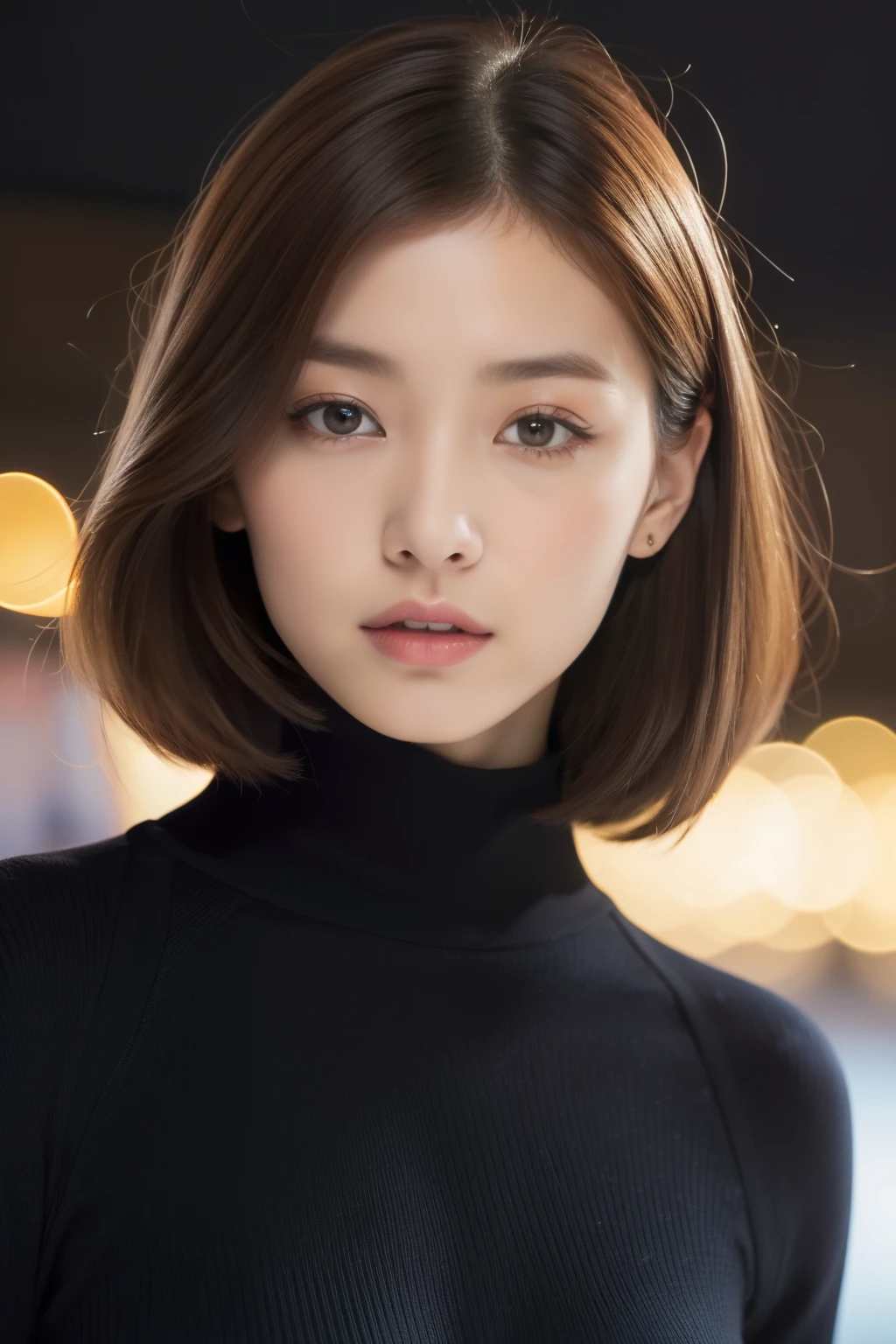 ((highest quality、In 8K、masterpiece:1.hot reality(1.4))、Full body Esbian,Raw photo、40 years、women sexy、light brown hair、night runway background、short hair、wearing a black high neck sweater、Super Delicate Facial Japan、delicate eyes、double eyelid、composition of golden ratio、natural and realistic perspective、Waiting for someone