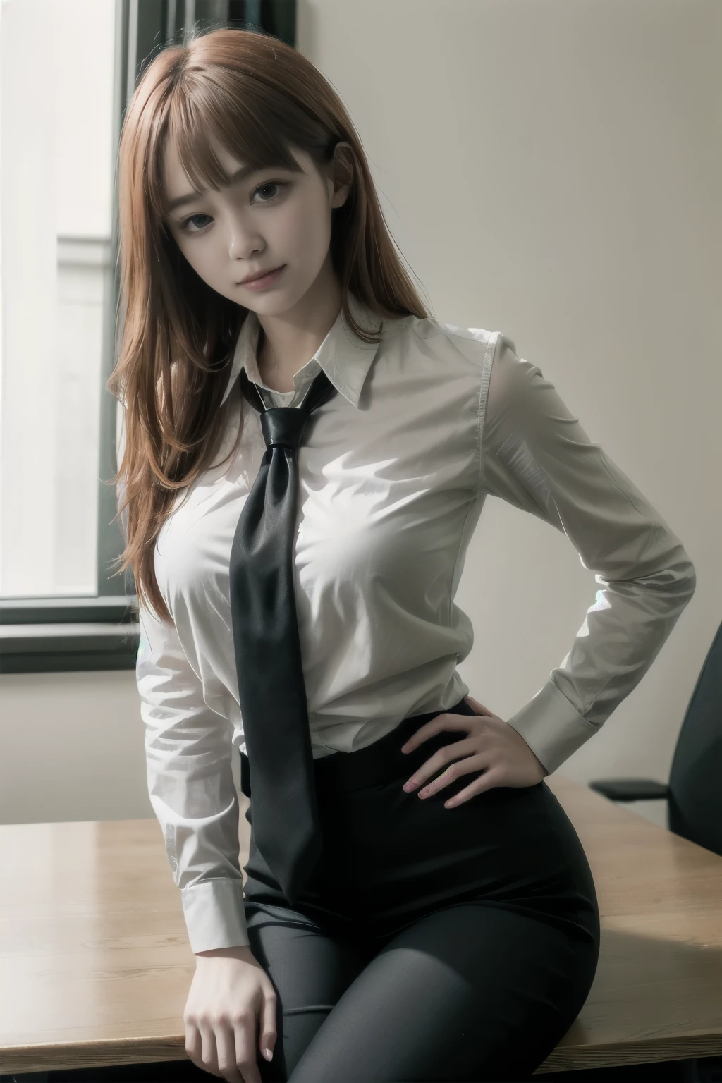 red hair girl, yellow eyes, 1girl, office, white shirt, black pants, office, necktie, Makima,seated on desk, hands on desk, perfect hands, 5fingers, soft smile, leaning backwards, leaning backward, hands on both sides of the waist, seated on desk