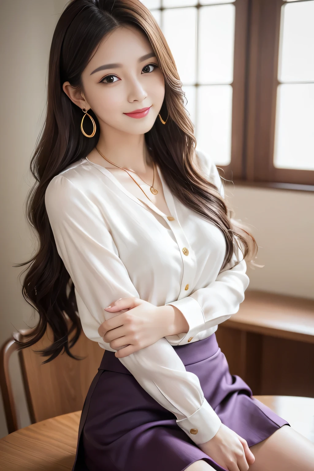 table top, highest quality, realistic, Super detailed, finely, High resolution, 8k wallpaper, 1 beautiful woman,, sharp focus, perfect dynamic composition, beautiful and detailed eyes, thin hair, Detailed realistic skin texture, smile, close-up portrait, model body shape、president'secretary、mini skirt、high heels、whole body、suit,((brown semi-long hair:1.2))((Gentle inward-curving waves:1.2)),((gold necklace_big earrings:1.2)),((shy smile:1.3)),((blouse and skirt, Wearing a white silk blouse,Please wear a white shirt and a dark purple skirt.:1.3)), 、whole bodyショット、((Standing whole body figure supermodel, whole bodyがフレーム内に収まる))、in a luxurious room、