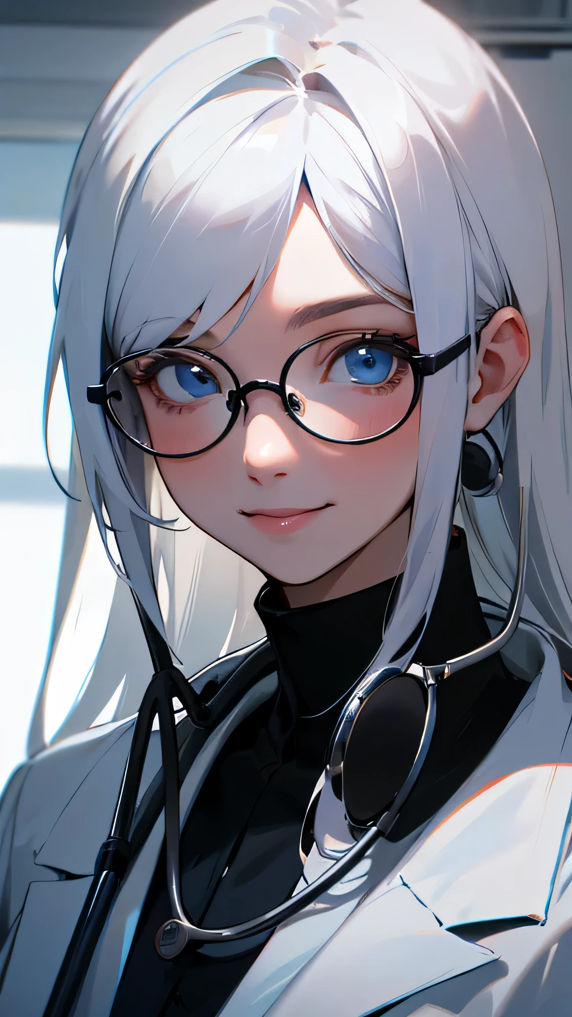 1girl, adult, Long white Hair, Blue eyes, wearing White Doctor Suites, stethoscope, Smile, glasses, Hospital Room, absurdres, high detailed eyes and face, high res, ultrasharp, 8K, masterpiece, photorealistic, High quality,