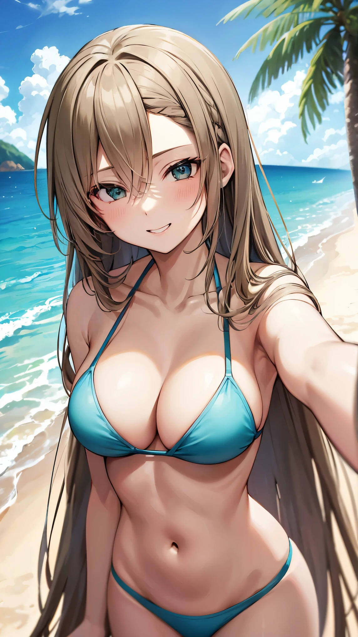 1 garota, Sozinho, asuna, cabelo longo, Seios grandes, decote, coxas, (bikini), Praia mar, (encharcado:1.1), sorridente, detailed hands