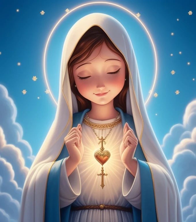 a painting of a woman holding a heart in her hands, Virgem Maria, queen of heaven, majestosa mulher santa, imagem de avatar, santo e lindo, portrait of Virgem Maria, Catholic religious art, imaculado, raios sagrados, padroeiro de 🛸🌈👩🏾, imagem de perfil, Mary in a sanctuary, por Nicholas Marsicano, imagem de perfilture 1024px