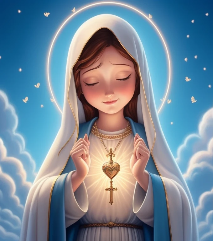 a painting of a woman holding a heart in her hands, Virgem Maria, queen of heaven, majestosa mulher santa, imagem de avatar, santo e lindo, portrait of Virgem Maria, Catholic religious art, imaculado, raios sagrados, padroeiro de 🛸🌈👩🏾, imagem de perfil, Mary in a sanctuary, por Nicholas Marsicano, imagem de perfilture 1024px