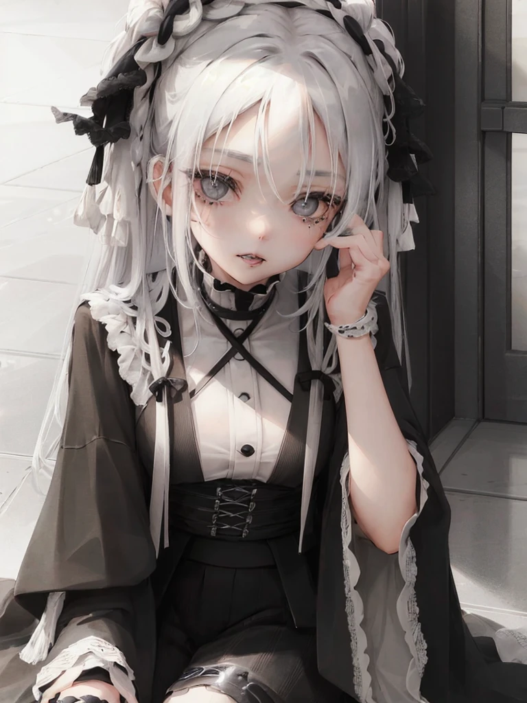 Masterpiece, best quality, high quality, ultra detailed, 1girl, looking at viewer, white hair, gray eyes, black lipstick, black shirt, sitting on a white floor, demon girl, gothcore, 1 7 - year - old, goth girl, japanese gothic, gothic punk style, black metal style, hands on head,.yurikiss、Girl kissing girl、