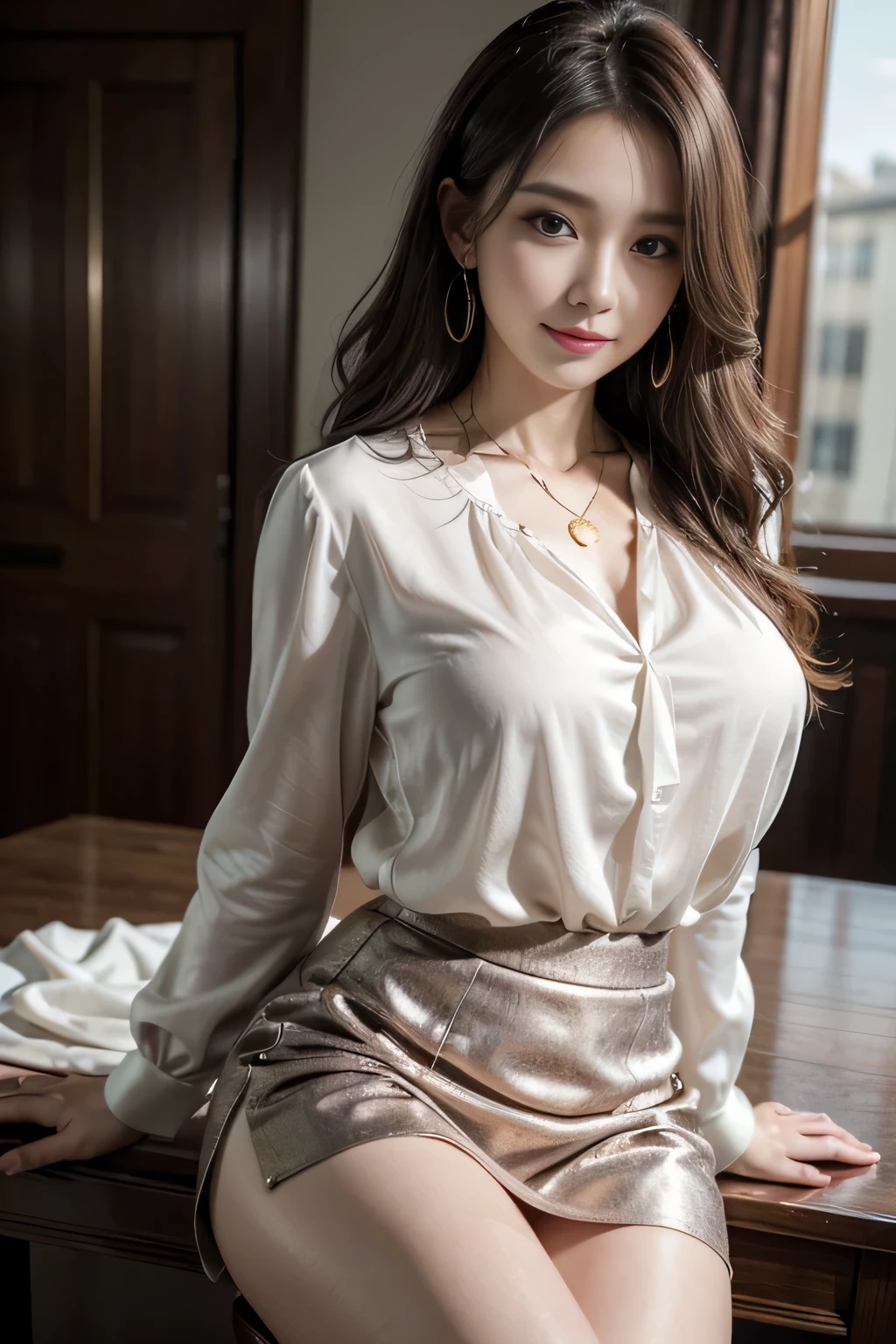 table top, highest quality, realistic, Super detailed, finely, High resolution, 8k wallpaper, 1 beautiful woman,, sharp focus, perfect dynamic composition, beautiful and detailed eyes, thin hair, Detailed realistic skin texture, smile, close-up portrait, model body shape、president&#39;secretary、mini skirt、high heels、whole body、suit,((brown semi-long hair:1.2))((Gentle inward-curving waves:1.2)),((gold necklace＿big earrings:1.2)),((shy smile:1.3)),((blouse and skirt, Wearing a white silk blouse,Please wear a white shirt and a dark purple skirt.:1.3)), 、whole bodyショット、((Standing whole body figure supermodel, whole bodyがフレーム内に収まる))、in a luxurious room、