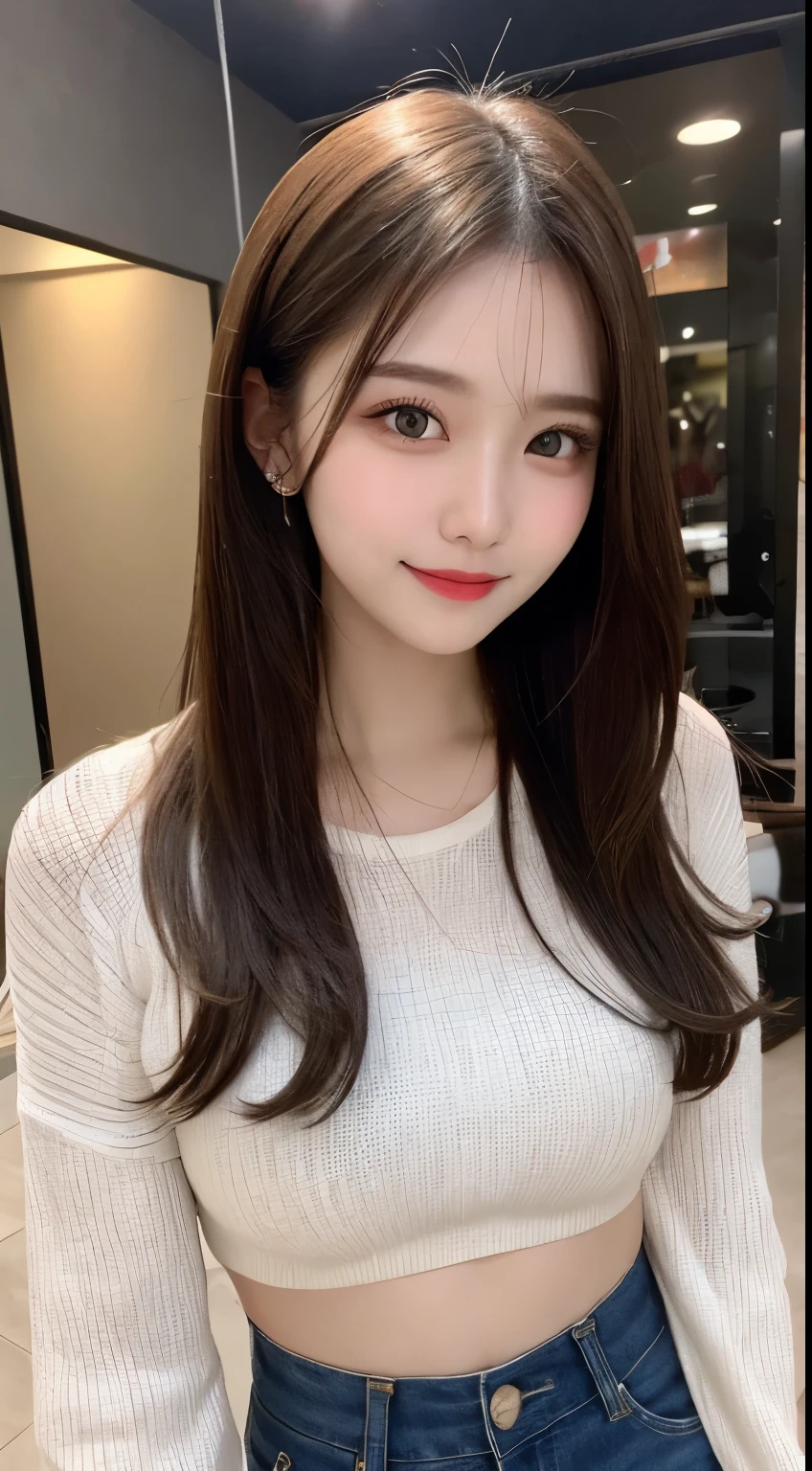 table top, highest quality, shape, Super detailed, finely, High resolution, 8k wallpaper, 完璧なダイナミックな構shape, beautiful and detailed eyes, Nice spring clothes,beautiful straight hair,small breasts,natural color lip, 20 year old girl、cute、sexy shot looking at camera,Always blur the background,perfect and beautiful face,Beautiful and dense face、slim face and style,Big eyes、Do gal makeup,real photos(best image quality)、sexy face、fashion model pose、full body shot、smile、Sheer tops(Show your belly)、shorts(long sleeve)、Please dance