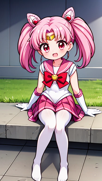 Sailor Moon,childhood,Young,Seven years old,Cute little loli,Pink hair twintails,red eyes,short hair,Sailor suit,bow tie,White elbow gloves,Red Skirt,sitting,no shoes,Open your mouth,laughing out loud,white pantyhose