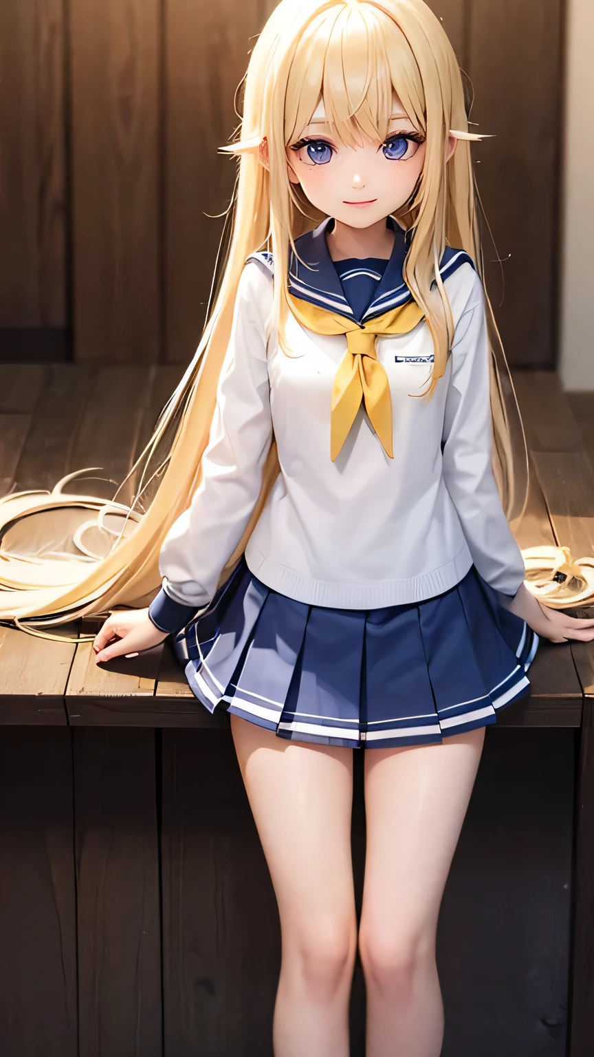 Beautiful 16 year old blonde girl in sailor uniform and black miniskirt, beautiful blue eyes, breasts, long blonde hair, ass, at school, long thick bangs, cutest face in the world, thigh highs, ultra detailed, realistic hair, hair messy, golden hair, blush, very cute, sexy, schoolgirl, in love.