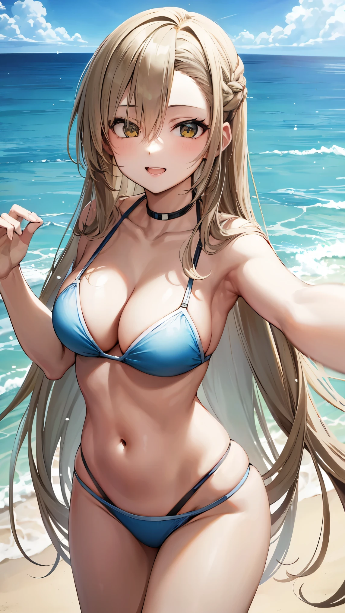1 garota, Sozinho, asuna, cabelo longo, Seios grandes, decote, coxas, (bikini), Praia mar, (encharcado:1.1), sorridente, detailed hands