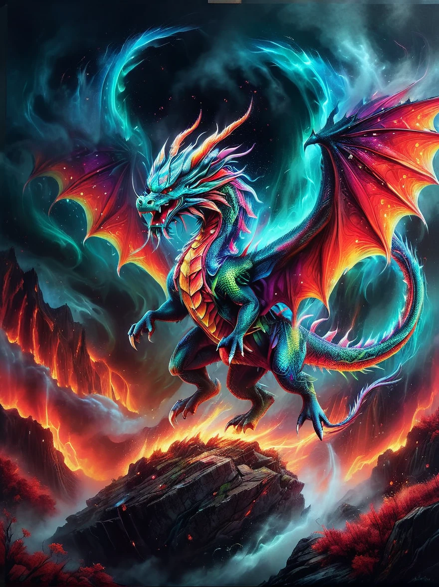 A vibrant, multi-coloured dragon with shimmering scales and majestic wings landing in a gloomy, eerie landscape known as the devil's domain. The terrain is depicted with fiery red hues, punctuated with jagged rocks and filled with ominous shadows. Wisps of smoke rise from the ground and a menacing atmosphere prevails, contrasting with the immaculate beauty of the dragon.