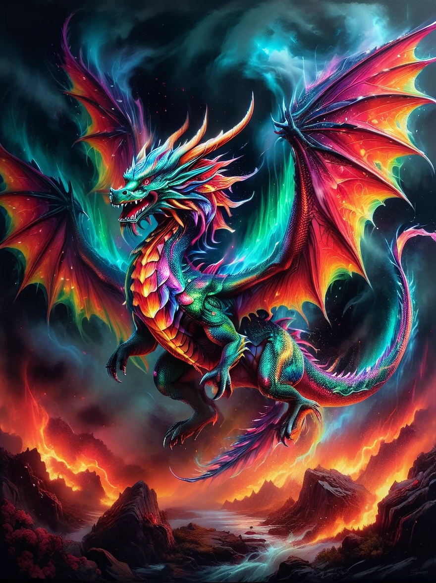 A vibrant, multi-coloured dragon with shimmering scales and majestic wings landing in a gloomy, eerie landscape known as the devil's domain. The terrain is depicted with fiery red hues, punctuated with jagged rocks and filled with ominous shadows. Wisps of smoke rise from the ground and a menacing atmosphere prevails, contrasting with the immaculate beauty of the dragon.