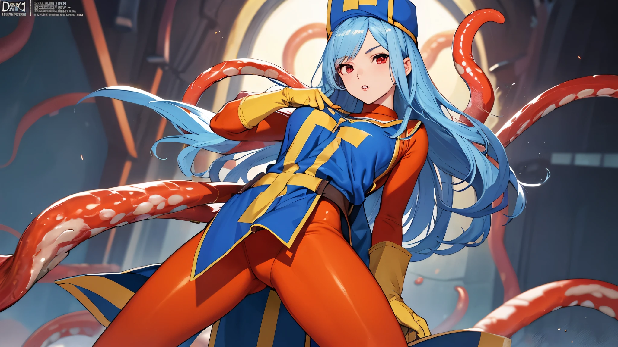 masterpiece,highest quality, unreal engine, super resolution, very detailed,
1 girl, waist, thin, (muscular:0.8)
round chest, Big breasts, bold face,  parted lips, observe the audience,
Are standing, sexy pose
waist shot,tentacles entangled in the chest,spread your legs,
Simple background anime style, Key Visual,
 light blue hair, red eyes, Long hair priest \(dq3\)
Orange bodysuit,miter saw,Tabard Elbow Gloves