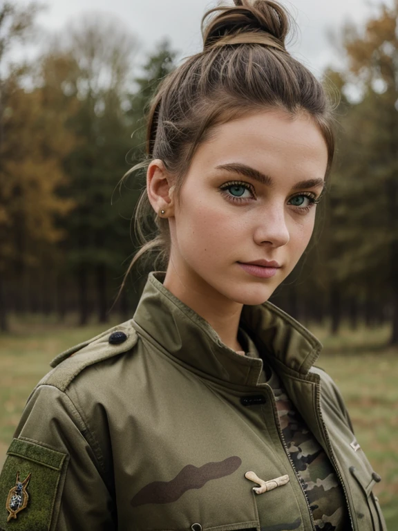 French coat-of-arms, messy bun, green eyes, camo military fatigues, outdoor, barracks, happy, open jacket