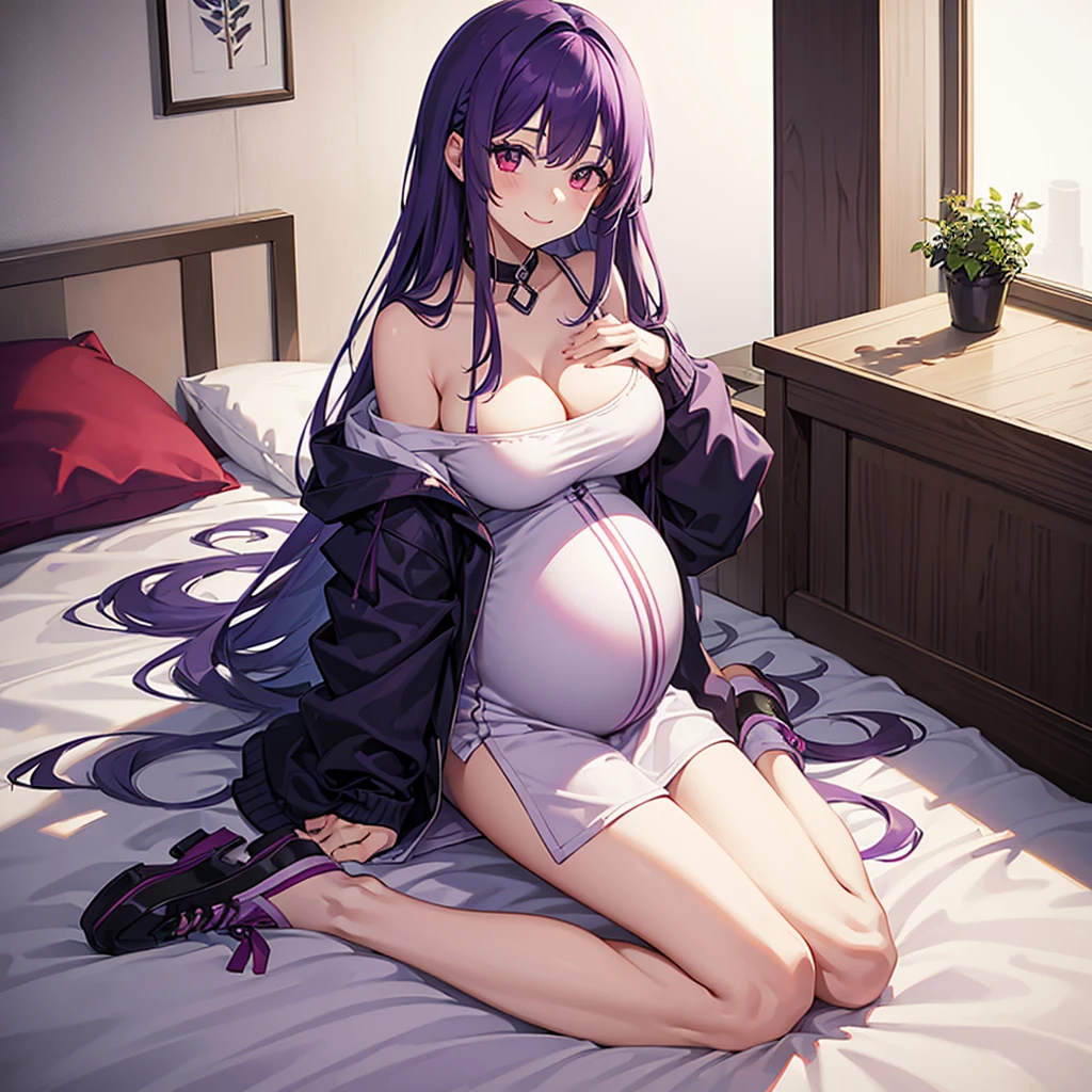 1girl, solo, purple hair, long hair, red eyes, baggy clothes, big breasts, smiling, cute, pretty, bedroom, sitting, on bed, ro_g, full body, good hands,Pregnant, huge breasts