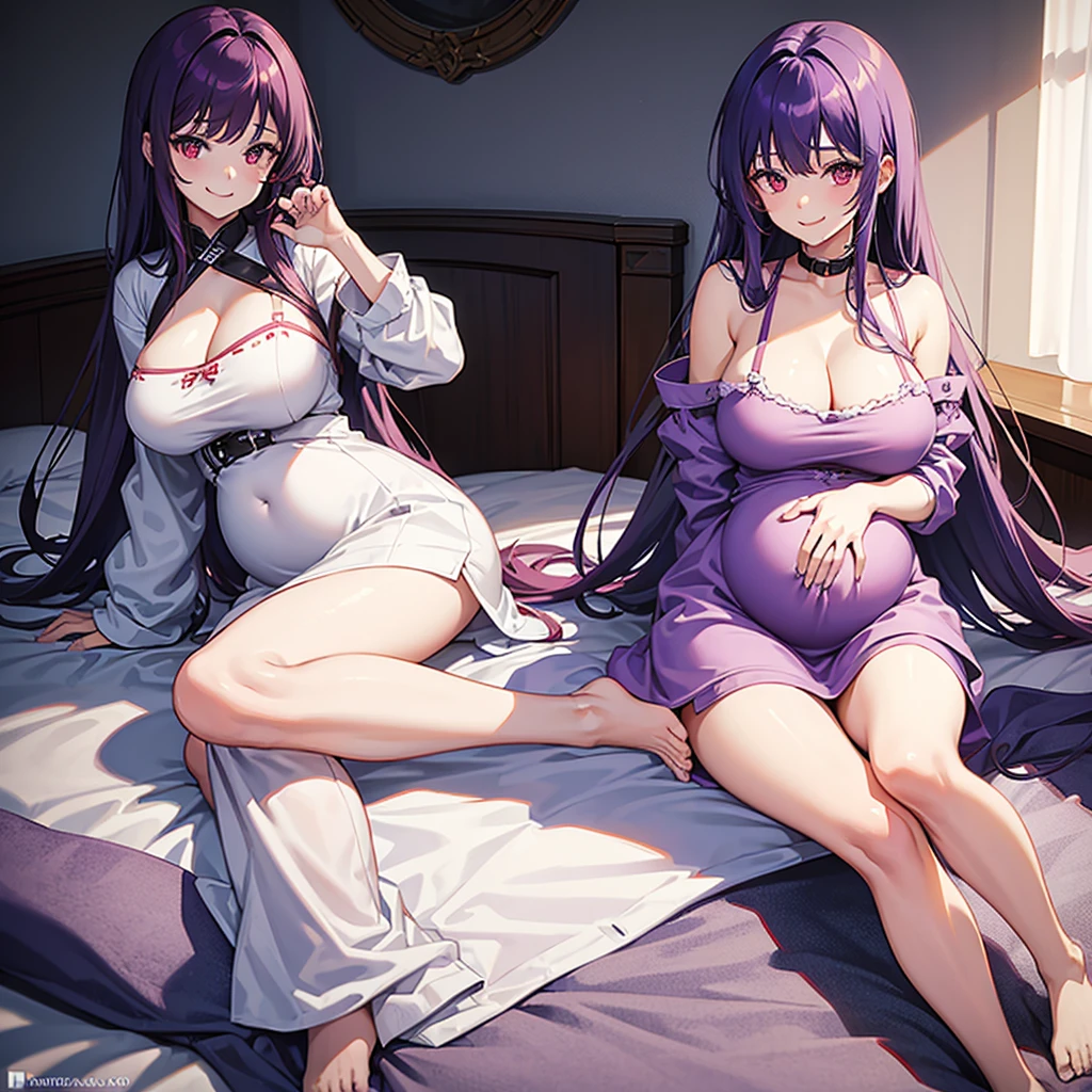 1girl, solo, purple hair, long hair, red eyes, baggy clothes, big breasts, smiling, cute, pretty, bedroom, sitting, on bed, ro_g, full body, good hands,Pregnant, huge breasts