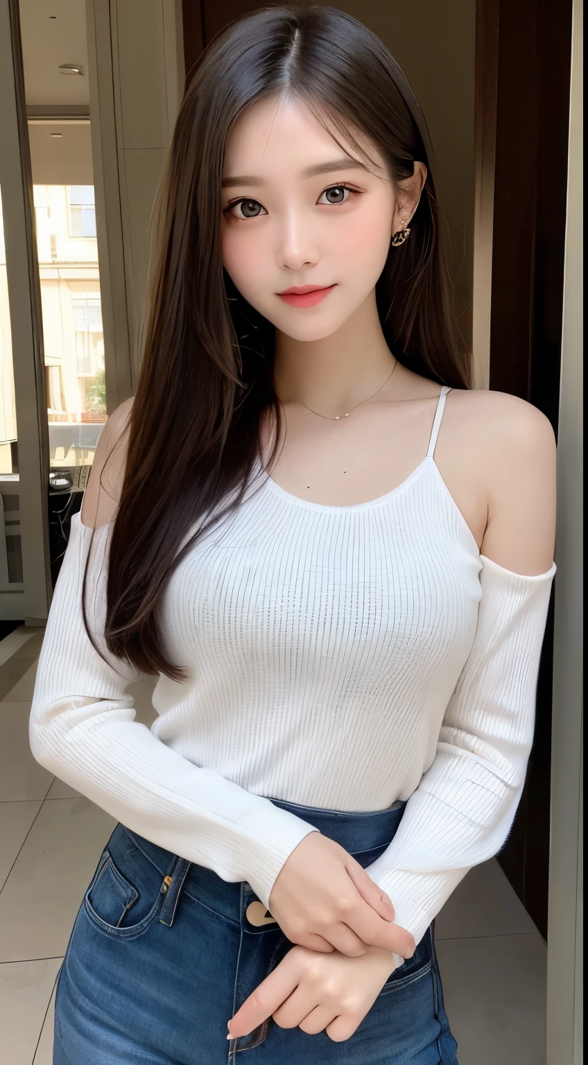 table top, highest quality, shape, Super detailed, finely, High resolution, 8k wallpaper, 完璧なダイナミックな構shape, beautiful and detailed eyes, Nice spring clothes,beautiful straight hair,small breasts,natural color lip, 20 year old girl、cute、sexy shot looking at camera,Always blur the background,perfect and beautiful face,Beautiful and dense face、slim face and style,Big eyes、Do gal makeup,real photos(best image quality)、sexy face、fashion model pose、full body shot、smile、Sheer tops(Show your belly)、shorts(long sleeve)、appealing to the camera