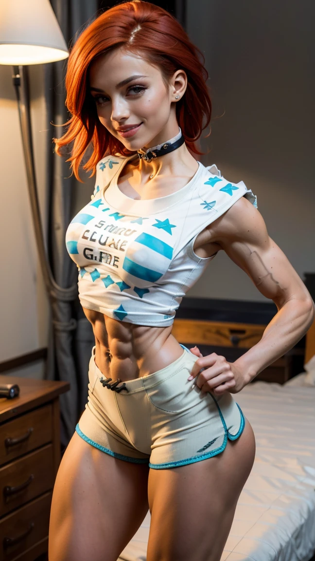 (Muscular:2), (thick thighs:2.3), (ginger female, red hair:2), earrings, eyeshadow, lipstick, bokeh, (nose freckles:1.5), (upper body view), (striations), (hard nipples:1.2), (small breasts:2.5), (small white cutoff tshirt:2.7), (choker, pajama shorts, striped pattern:2), (eight pack abs:1), (sculped muscles:1.7), (athletic body:1.5), (muscular body:2), (looking at viewer), (big smile:1.6), detailed eyes, dark bedroom, (dawn lighting), rim lighting, two tone lighting, dimly lit, clean skin, low key (DETAILED SKIN), (big ass), underboob