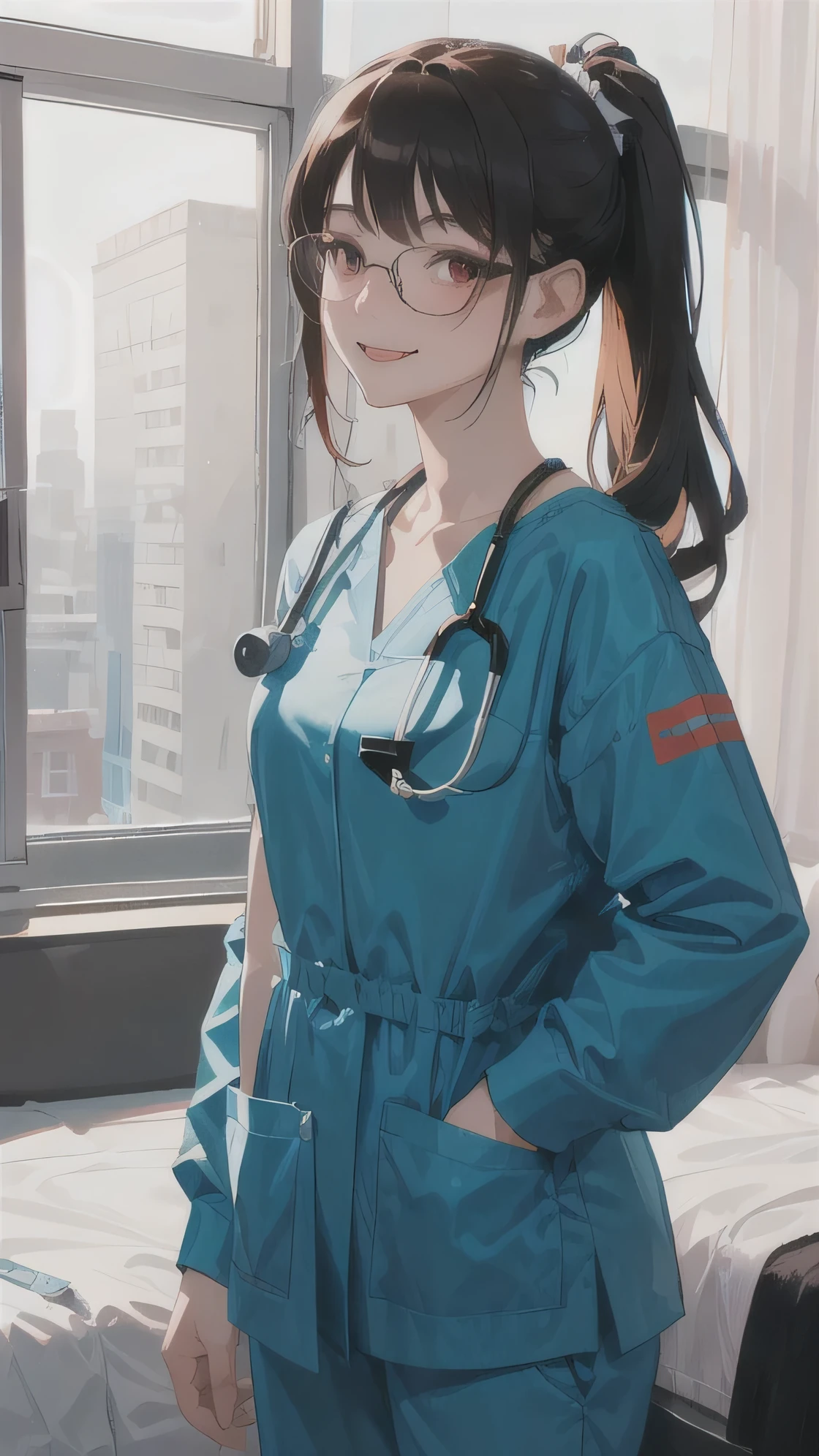 1girl, adult, long white Ponytail, red eyes, wearing Scrub Suites, stethoscope, Smile, glasses, Hospital, absurdres, high detailed eyes and face, high res, ultrasharp, 8K, masterpiece, photorealistic, High quality, 