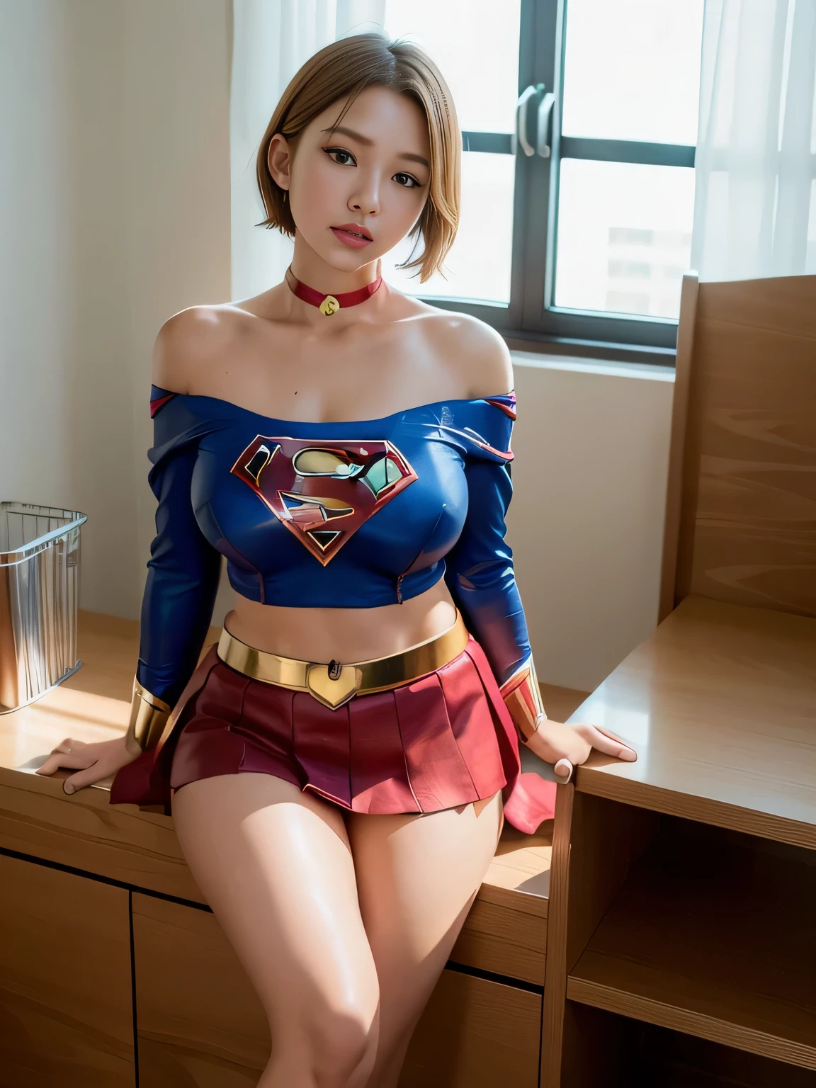 masterpiece、supergirl costume、short hair、barefoot、big and full breasts、Research room、operating table、Overreaching、Oily Skin、shiny、look at the camera、Sexy poses to seduce、model body shape、choker、long sleeve、red mini skirt、Cowgirl、Estrus、sweaty、Radical、off shoulder、Glamorous、charm、charming、healthy、
