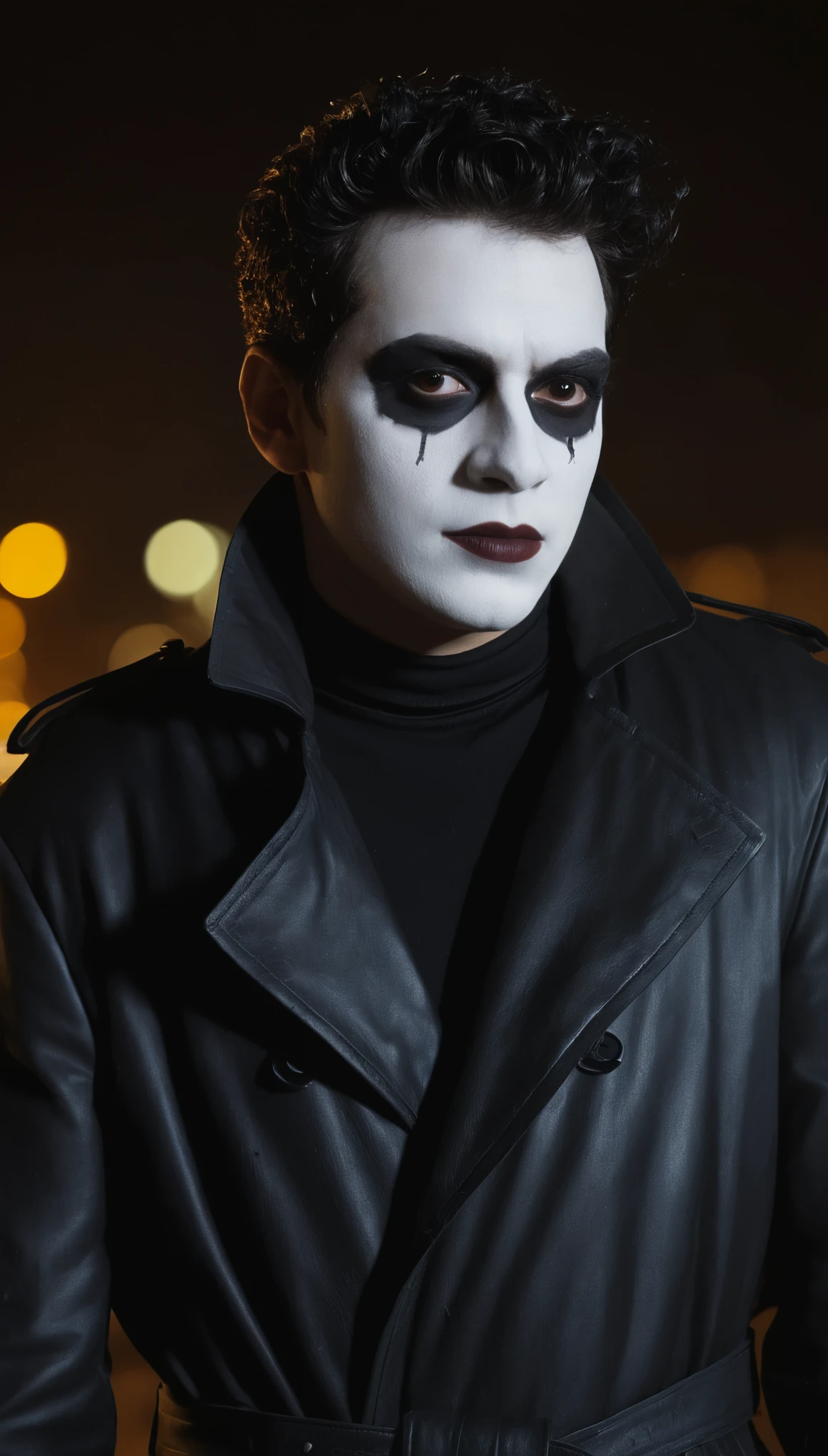 A movie poster, full color, a mime, male, 28 years-old, wearing black and white crow makeup and a dark leather trench coat, stocky, soft doughy physique, deep brown eyes, wide bulbous nose, full lips, black lipstick, black hair, curly quiff, thick bushy eyebrows, extremely hairy chest, stomach, and arms, lots of body hair, posing on a neon-lit rooftop, hard shadows, RAW photograph, cinematic shot, masterpiece