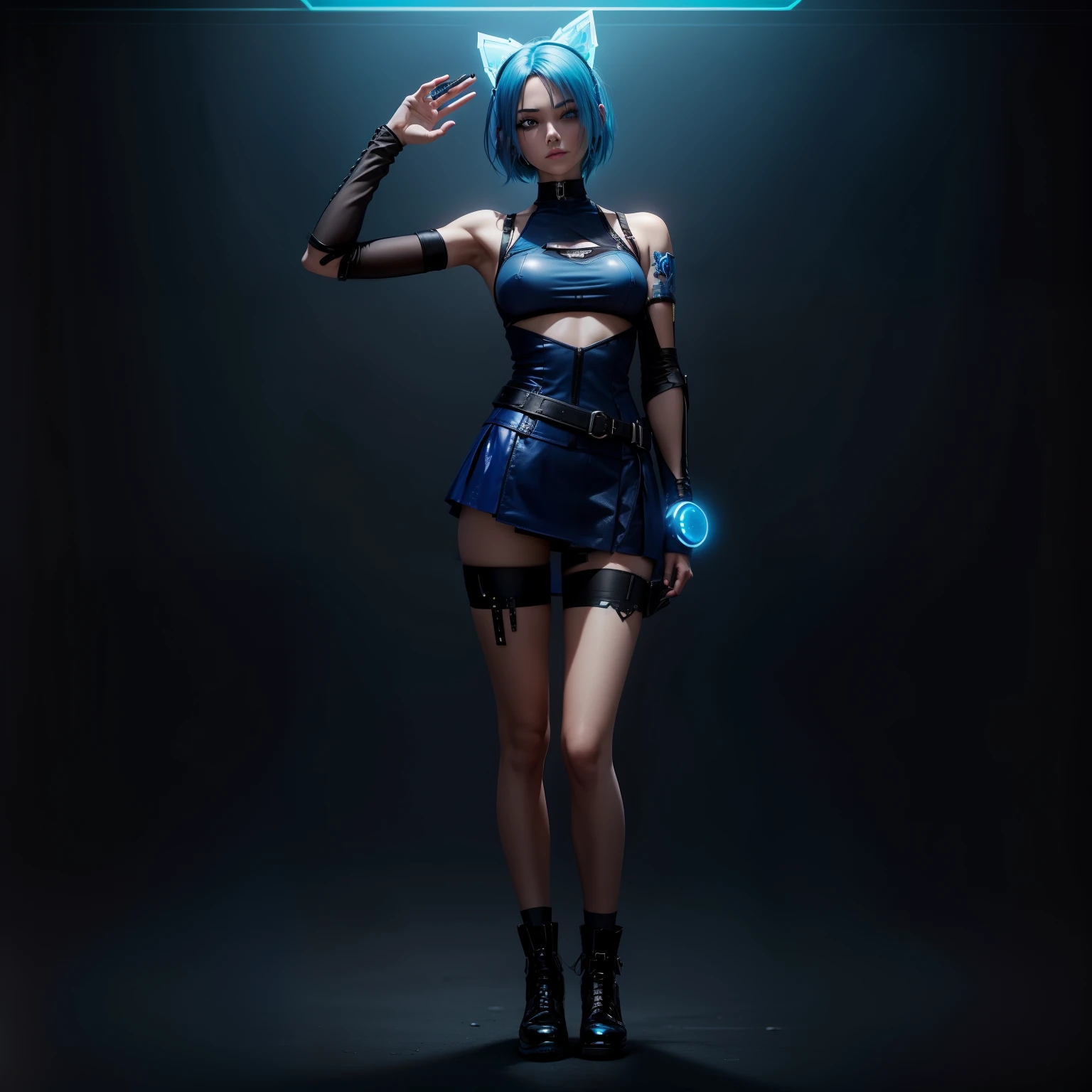 create a cyberpunk style, high quality, do not change clothing details, do not change shoe styles, do not change face details, do not change hair details, blue hair, do not change balance, do not change dimensions, high quality, high sharpness, very clear picture, do not change clothing colors, do not change the color of the model, do not change the details of the accessories, do not change the details of the accessories, blue dress with black inserts, white stockings, blue elbow-length gloves, pronounced nipples, transparent skirt, panties visible