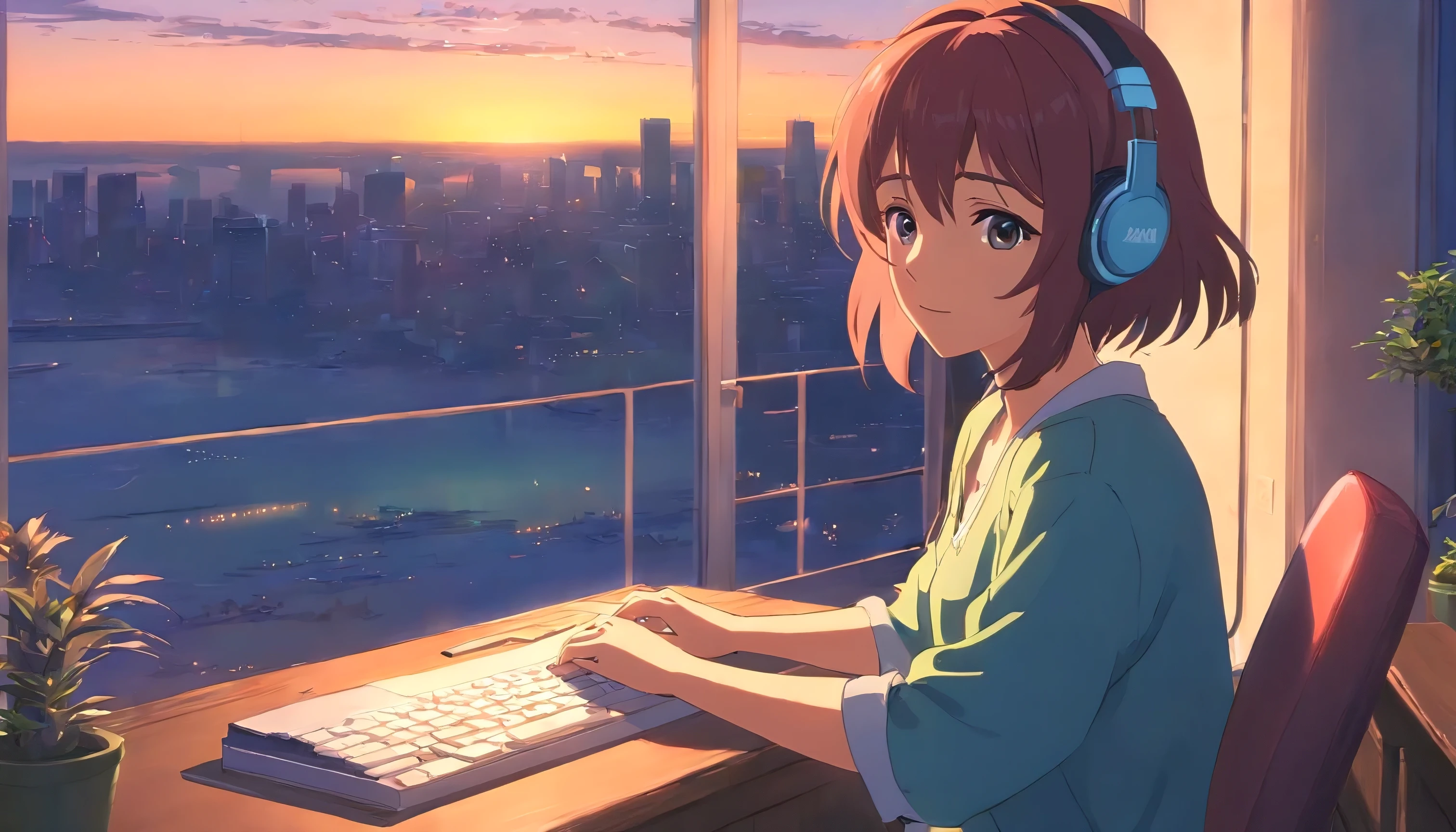 Portrait、512、i will fix it、Girl wearing headphones and sitting on a chair、Take a nap at your desk、close your eyes、city view outside the window、evening、pastel colour、painting