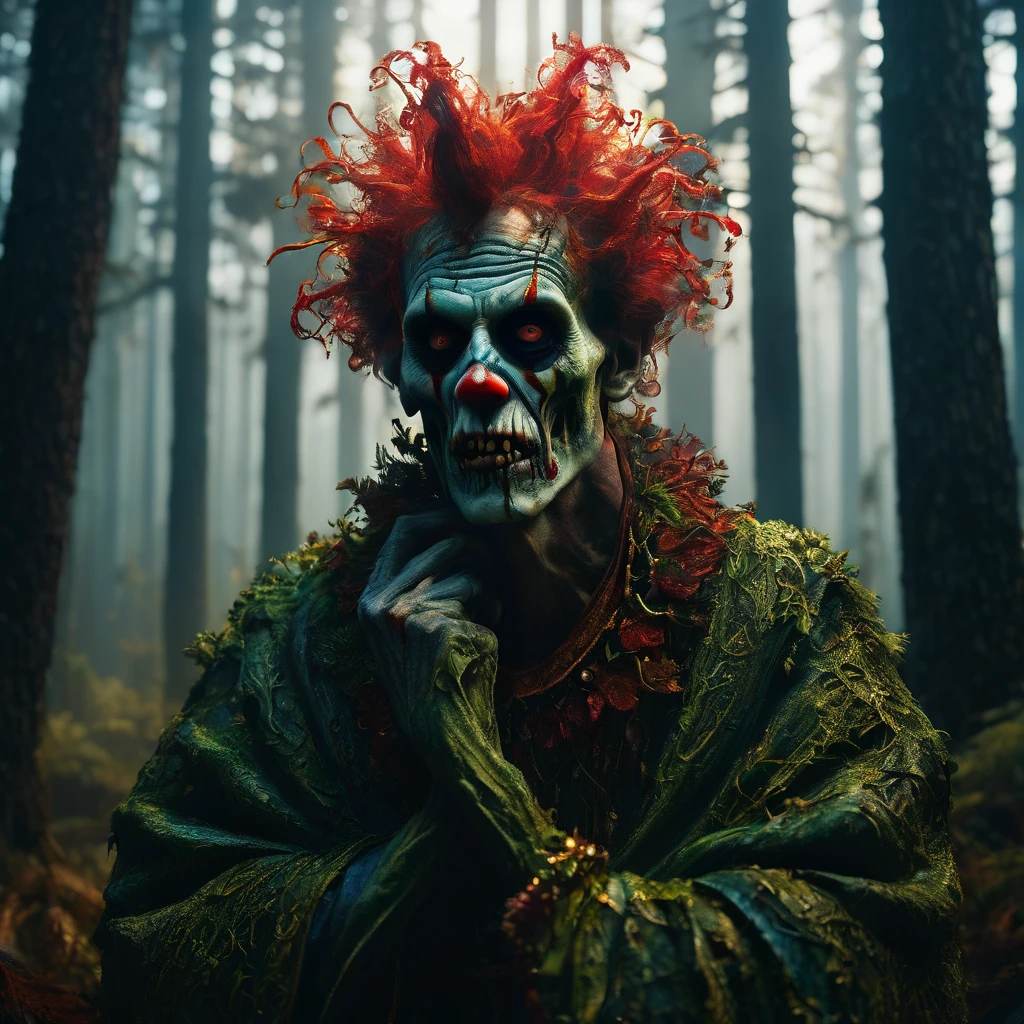 Commercial photography  of a Jared Padelecki zombie in a pine forest (foggy:1.2), silhouetted in soft shadow (full body photograph:1.2) , uhd photorealisitc authentic psychotic angry madman wearing ornate clown costume and intricate voodoo makeup, shoulders, intricate details, vivid colors, frightening surroundings, correct details, in the style of amano, karol bak, akira toriyama, and greg rutkowski , perfect composition, beautiful detailed intricate insanely detailed octane render trending on artstation, 8 k artistic photography, photorealistic concept art, soft natural volumetric cinematic perfect light, chiaroscuro, award - winning photograph, masterpiece, oil on canvas, raphael, caravaggio, greg rutkowski, beeple, beksinski, giger, perfect composition, beautiful detailed intricate insanely detailed octane render trending on artstation, 8 k artistic photography, photorealistic concept art, soft natural volumetric cinematic perfect light, chiaroscuro, award - winning photograph, masterpiece, oil on canvas, raphael, caravaggio, greg rutkowski, beeple, beksinski, giger,  (beautiful supermodel:1.1) resting her head on her hands detailed background bokeh
