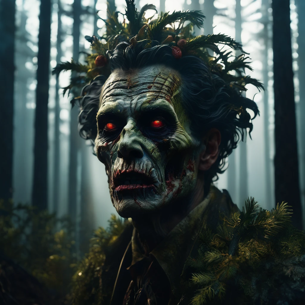 Commercial photography of a Jared Padelecki zombie in a pine forest (foggy:1.2), silhouetted in soft shadow (full body photograph:1.2) , uhd photorealisitc authentic psychotic angry madman wearing ornate clown costume and intricate voodoo makeup, shoulders, intricate details, vivid colors, frightening surroundings, correct details, in the style of amano, karol bak, akira toriyama, and greg rutkowski , perfect composition, beautiful detailed intricate insanely detailed octane render trending on artstation, 8 k artistic photography, photorealistic concept art, soft natural volumetric cinematic perfect light, chiaroscuro, award - winning photograph, masterpiece, oil on canvas, raphael, caravaggio, greg rutkowski, beeple, beksinski, giger, perfect composition, beautiful detailed intricate insanely detailed octane render trending on artstation, 8 k artistic photography, photorealistic concept art, soft natural volumetric cinematic perfect light, chiaroscuro, award - winning photograph, masterpiece, oil on canvas, raphael, caravaggio, greg rutkowski, beeple, beksinski, giger, (beautiful supermodel:1.1) resting her head on her hands detailed background bokeh