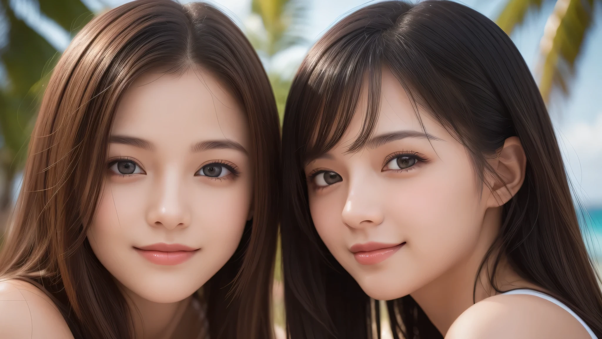 (2girl:1.3), Amazing face and eyes, celebrity, cleanliness, cleavage, (Best Quality:1.4), (Ultra-detailed), (extremely detailed beautiful face), cute smile, (extremely detailed CG unified 8k wallpaper), Highly detailed, High-definition raw color photos, Professional Photography, Realistic portrait, Extremely high resolution, beach, palm trees,