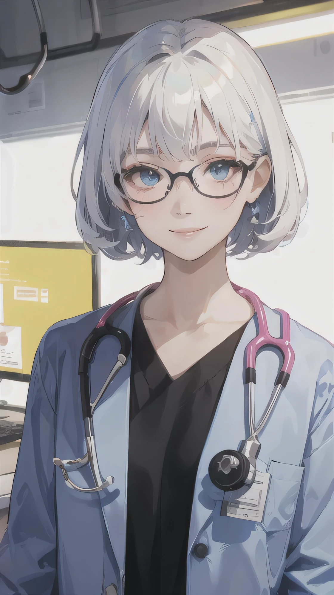 1girl, adult, Short white Hair, Blue eyes, wearing White Doctor Suites, stethoscope, Smile, glasses, Hospital, absurdres, high detailed eyes and face, high res, ultrasharp, 8K, masterpiece, photorealistic, High quality, 