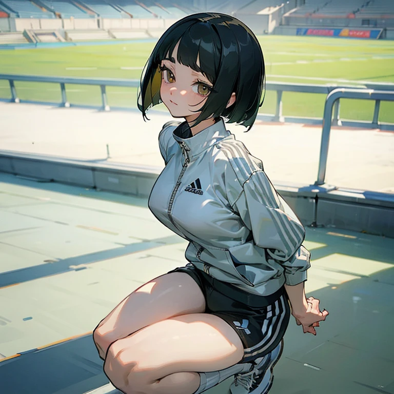 masterpiece、delicate details、tracksuit、Adidas Clothing（zip up）、big breasts、thin waist、athlete、Slender beauty、Your face is so cute、Bangs Patsun、Cropped bob cut、Short leggings、long eyelashes、Big eyes、athletics stadium、beautiful legs