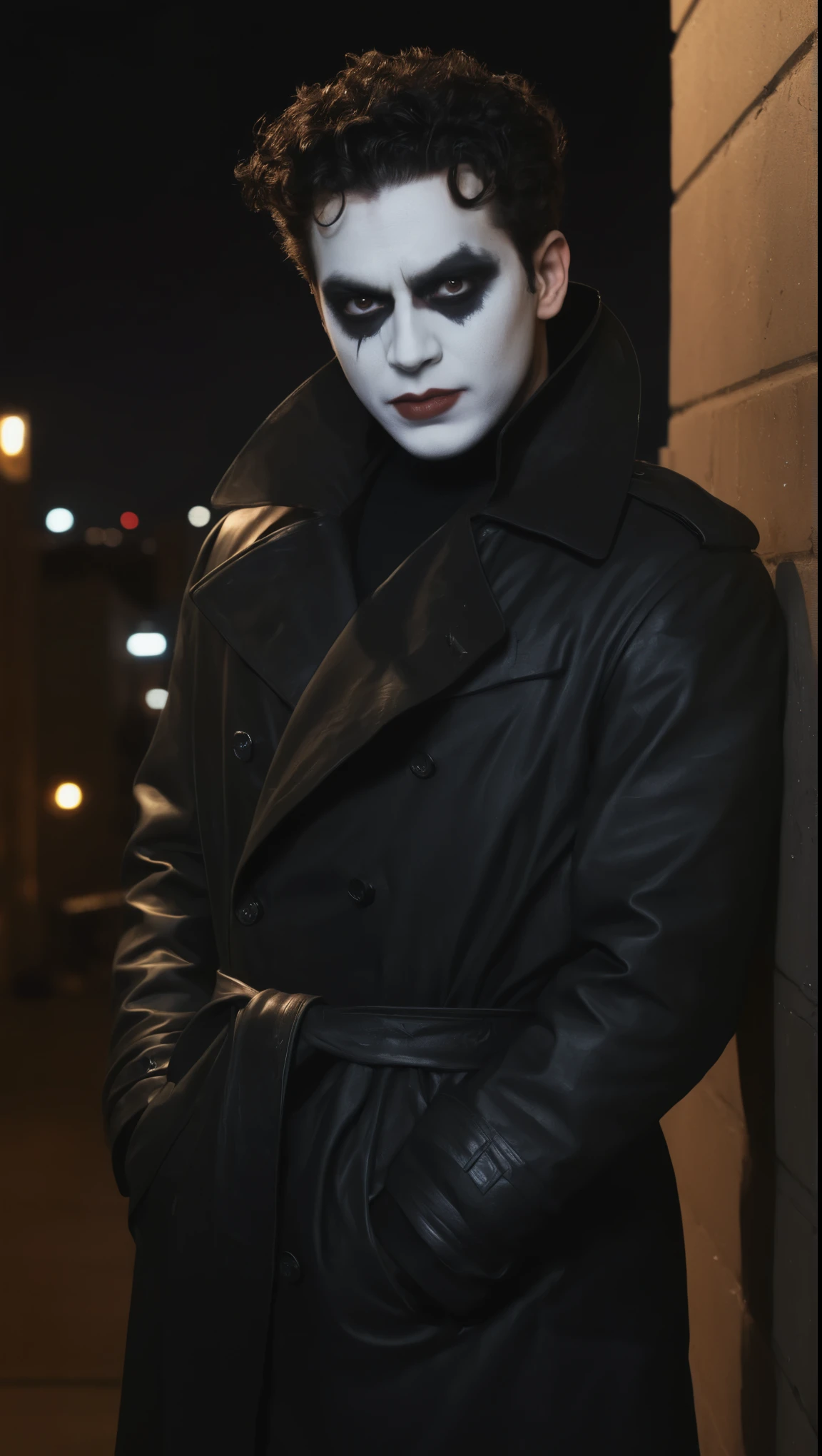 A movie poster, full color, a mime, male, 28 years-old, wearing black and white crow makeup and a dark leather trench coat, stocky, soft doughy physique, deep brown eyes, wide bulbous nose, full lips, black lipstick, black hair, curly quiff, thick bushy eyebrows, extremely hairy chest, stomach, and arms, lots of body hair, posing on a neon-lit rooftop, hard shadows, RAW photograph, cinematic shot, masterpiece