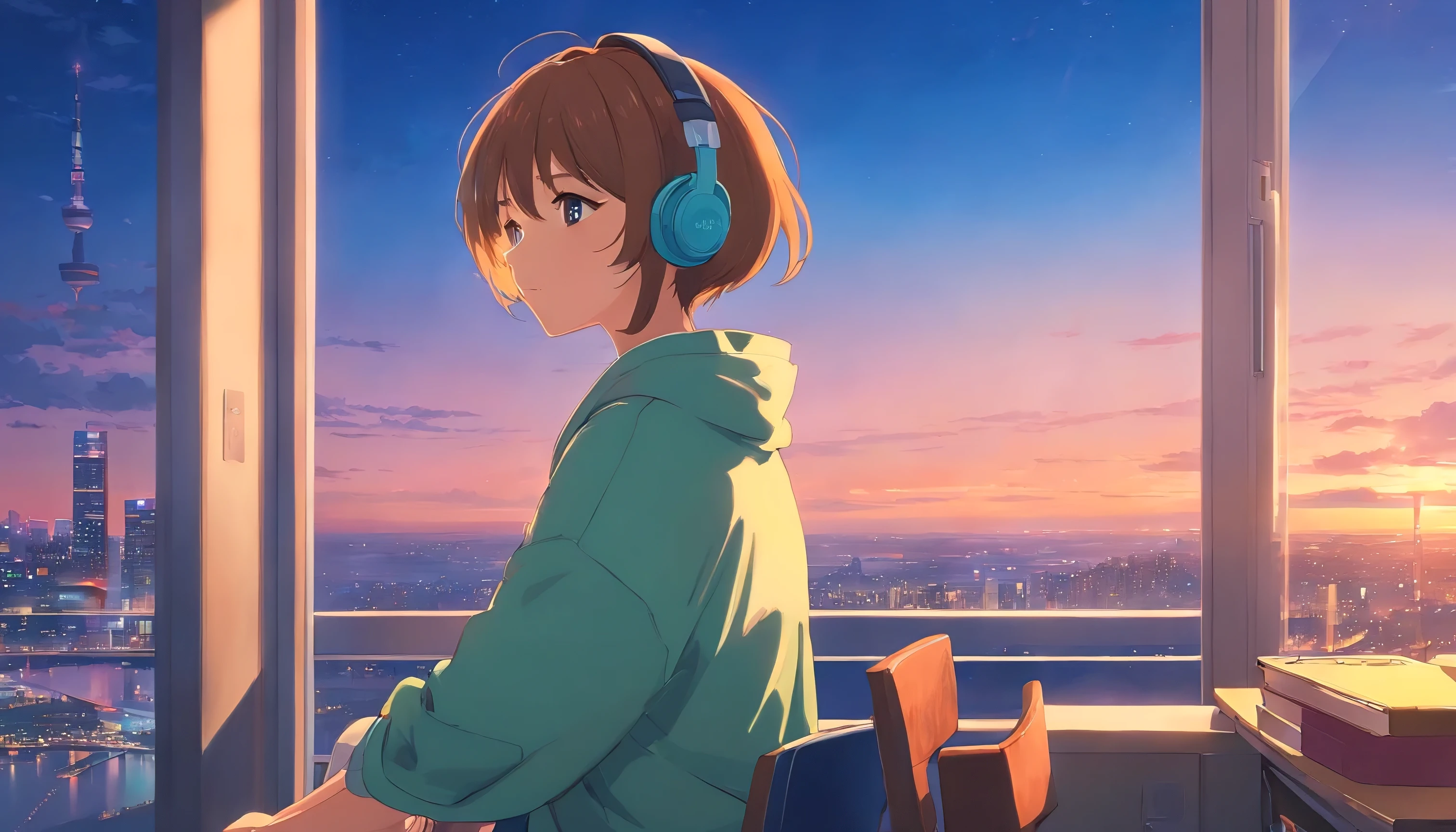Portrait、512、i will fix it、Girl wearing headphones and sitting on a chair、Take a nap at your desk、close your eyes、city view outside the window、evening、pastel colour、painting