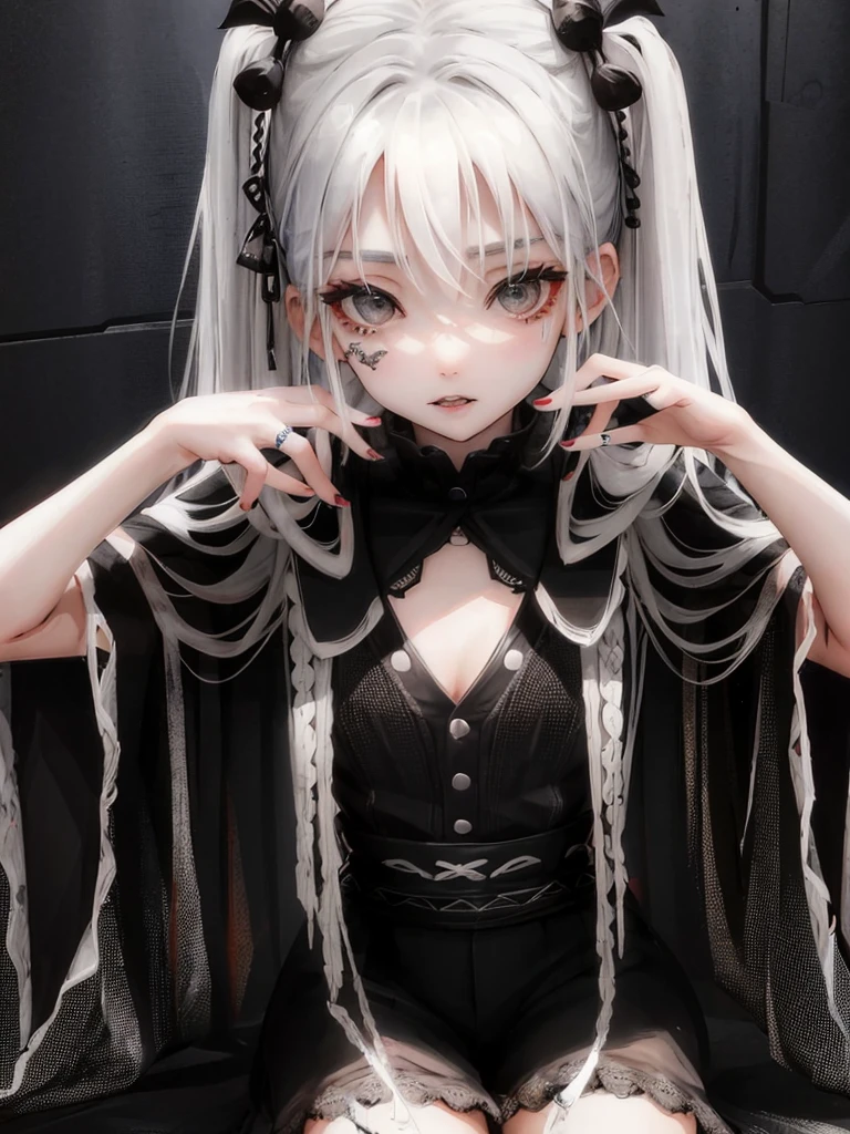 Masterpiece, best quality, high quality, ultra detailed, 1girl, looking at viewer, white hair, gray eyes, black lipstick, black shirt, sitting on a white floor, demon girl, gothcore, 1 7 - year - old, goth girl, japanese gothic, gothic punk style, black metal style, hands on head,.yurikiss、Girl kissing girl、