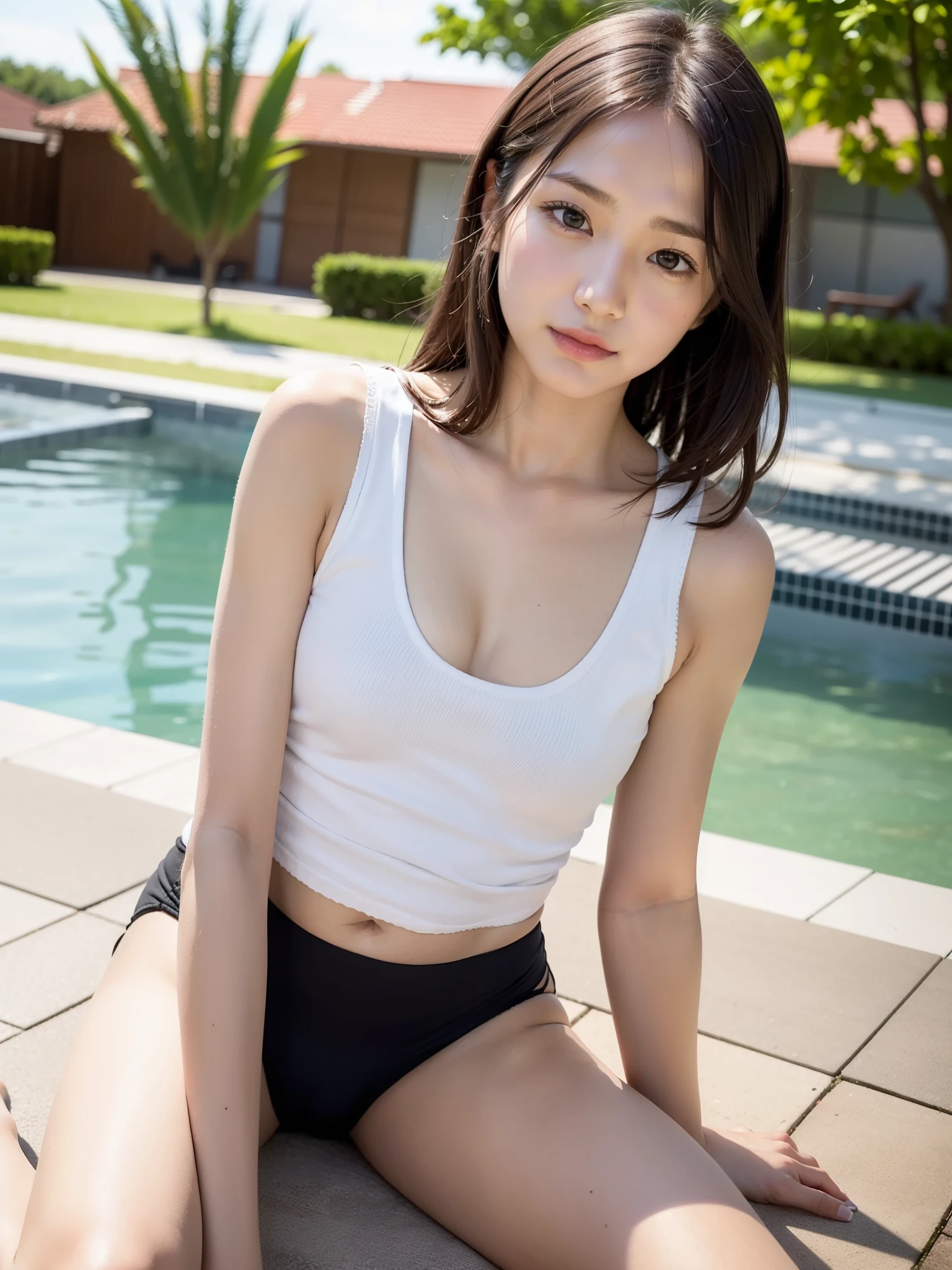 ((Best of the highest quality, 8k, Masterpiece: 1.3, raw photo)), Sharp focus: 1.2, (1 AESPA, slim body type female, 21 y/o: 1.1), (Solo: 1.2), (realistic, photo-realistic:1.37), face focus, cute face, finely eyes, (small breasts, flat chest, Thigh: 1.3), short messy hair, updo, (tank top, panties: 1.4), sitting pool, rose