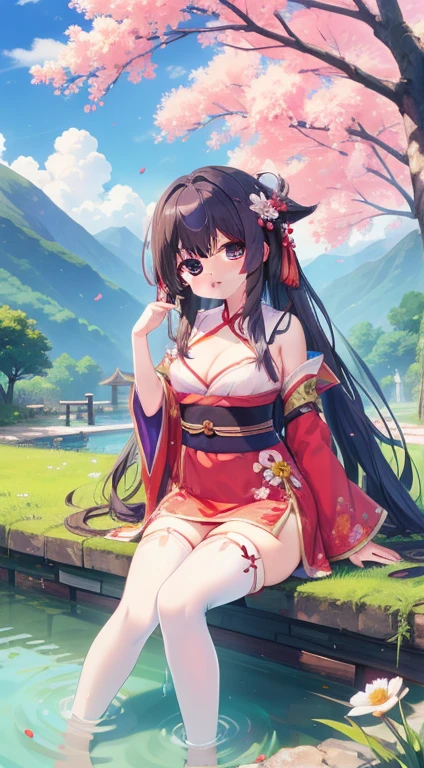 Hanfu, 1 girl, medium breasts, cleavage, Mountain, soaking feet, sitting, chinese park background,white stockings,clear water,(feet:1.3), Too many flowers,  