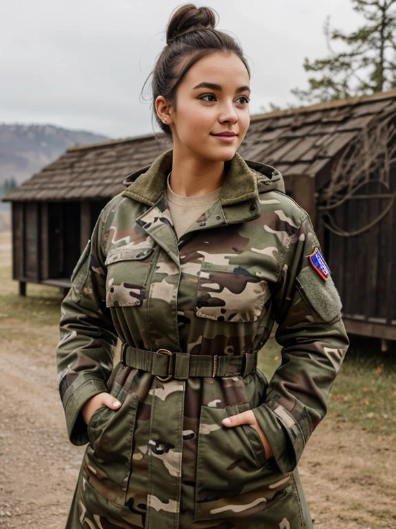 French coat-of-arms, curvy, messy bun, camo military fatigues, outdoor, barracks, happy, tight clothes
