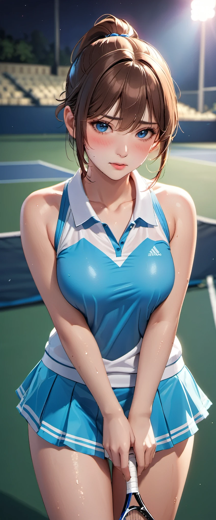 woman,25 years old,brown hair,Tennis uniform,short hair,blue eyes,Mansuji, ,,I can see your underwear,Full body Esbian, (close shot, highest quality, High resolution, 4k, detailed lighting, shader, NSFW),  embarrassed look  ( blush:1.2)(Wet state)beautiful ponytail