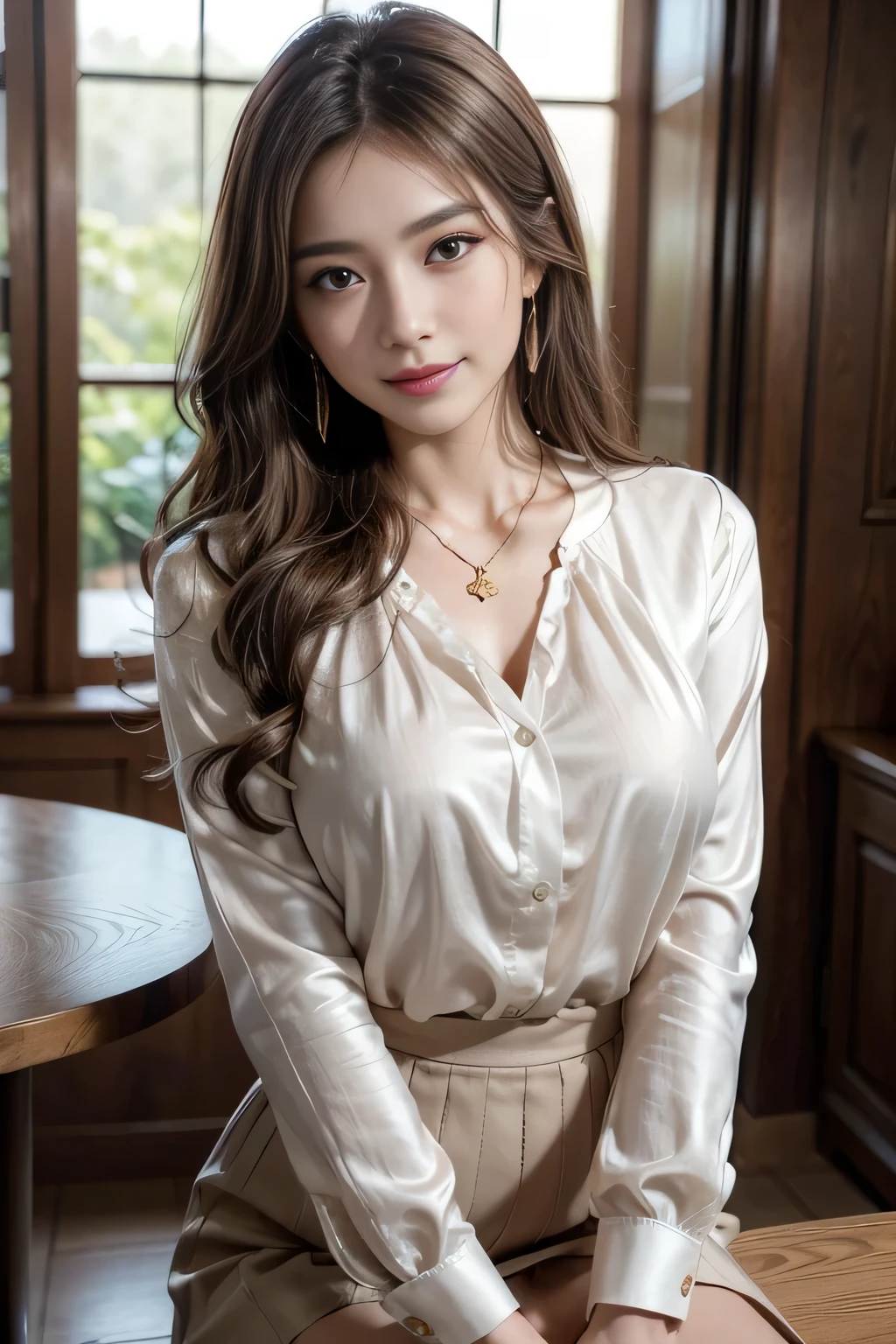 table top, highest quality, realistic, Super detailed, finely, High resolution, 8k wallpaper, 1 beautiful woman,, sharp focus, perfect dynamic composition, beautiful and detailed eyes, thin hair, Detailed realistic skin texture, smile, close-up portrait, model body shape、president'secretary、mini skirt、high heels、whole body、suit,((brown semi-long hair:1.2))((Gentle inward-curving waves:1.2)),((gold necklace_big earrings:1.2)),((shy smile:1.3)),((blouse and skirt, Wearing a white silk blouse,Please wear a white shirt and a dark purple skirt.:1.3)), 、whole bodyショット、((Standing whole body figure supermodel, whole bodyがフレーム内に収まる))、in a luxurious room、