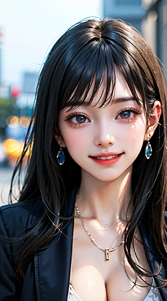 (8k, highres, ultra detailed, best quality, masterpiece, high qualit, portrait, photorealistic, cinematic lighting, cute), 1girl, japanese girl, perfect anatomy, (huge breasts, emphasizes the cleavage), from below, (blush, detailed face), (Giddy Smile:1.5), Trending Hair&Trending Hairカラーをランダムに, earrings, necklace, bracelet, sexy, erotic sexy, Random sexy gravure poses, ((Trendy Women's Fashion&Random trendy outerwear), Blur the background, Random stylish big city background, Beautiful location, (detailed background)) ,Random composition