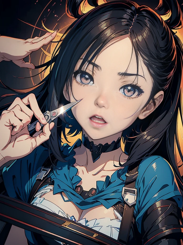 Anime girl with a surprised expression and scissors, Gwaites style artwork, digital anime illustration, detailed digital anime art, anime style digital art, digital anime art, stunning anime face portraits, :: loss draw, lost run style, loss draw portrait, beautiful digital artwork, Alice x. open, loss draw 1. 0