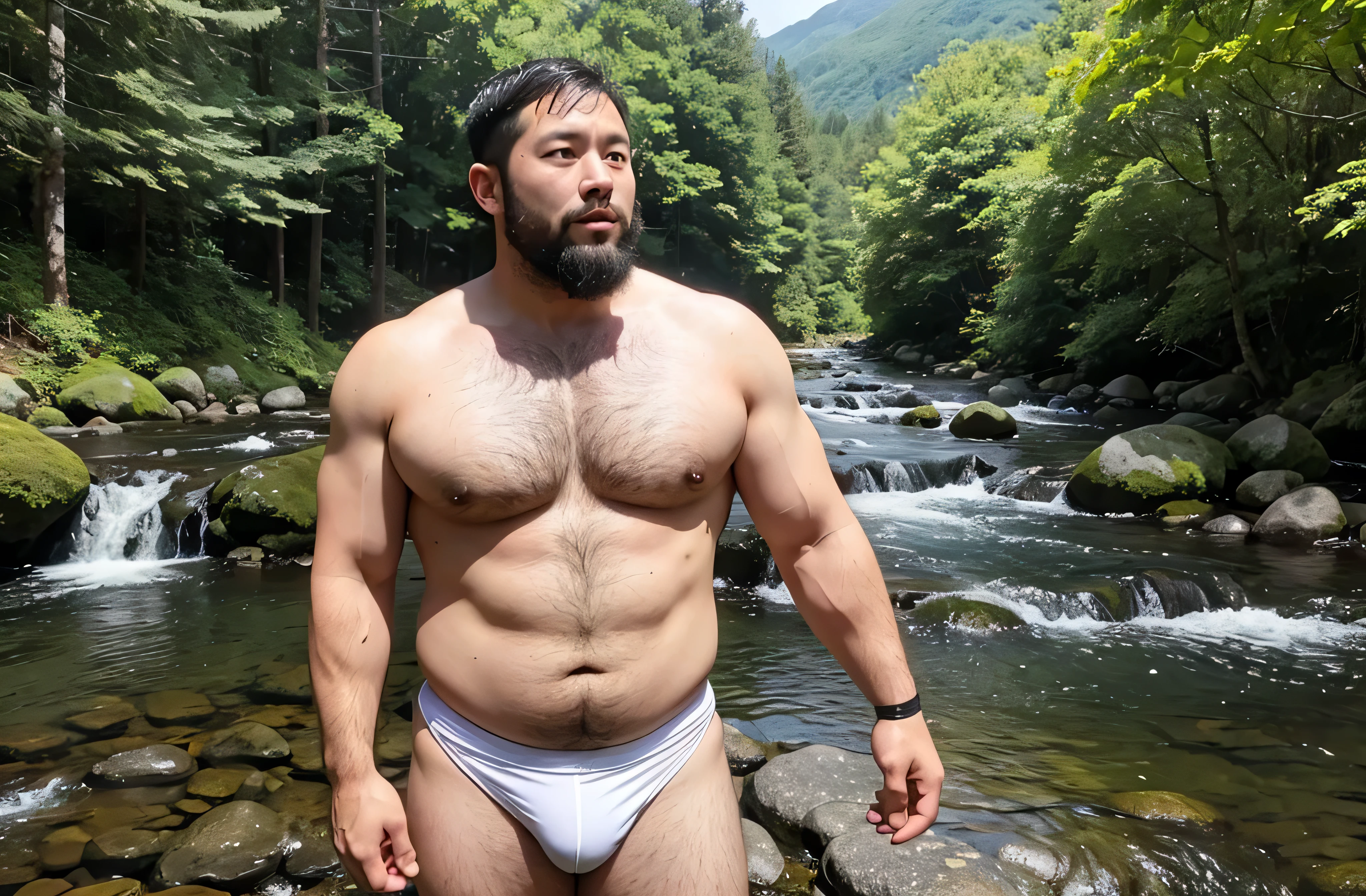 a 38-year-old Japanese former rugby player wearing white brief stands by the mountain stream. stocky chubby thick 　short beard　very short hair　rain　shirtless