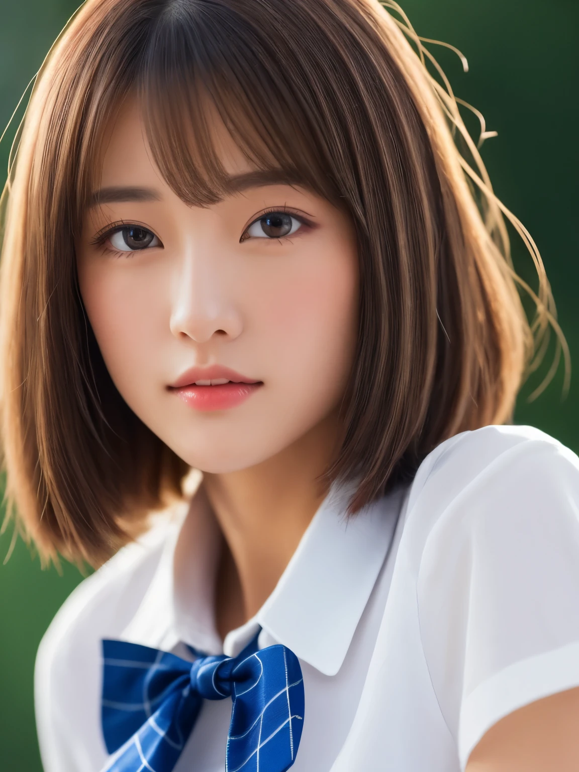 masterpiece、close up of face、View from the front、young beautiful japanese woman、(Jumping around energetically)、gorgeous figure、Wearing a short-sleeved white collared shirt and a plain shiny red satin bow tie、She is wearing a blue tartan plaid skirt.、absolutely beautiful face、glossy lips、double eyelids in both eyes、natural makeup、 long eyelashes、Shiny smooth light brown medium length hair,、asymmetrical bangs、tanned skin、alone in the classroom、、head frame、center image、8K resolution、high details、detailed hairstyle、detailed face、great movie lighting、octane rendering、vibrant、Super realistic、perfect limbs、perfect anatomy、short hair、Full body Esbian