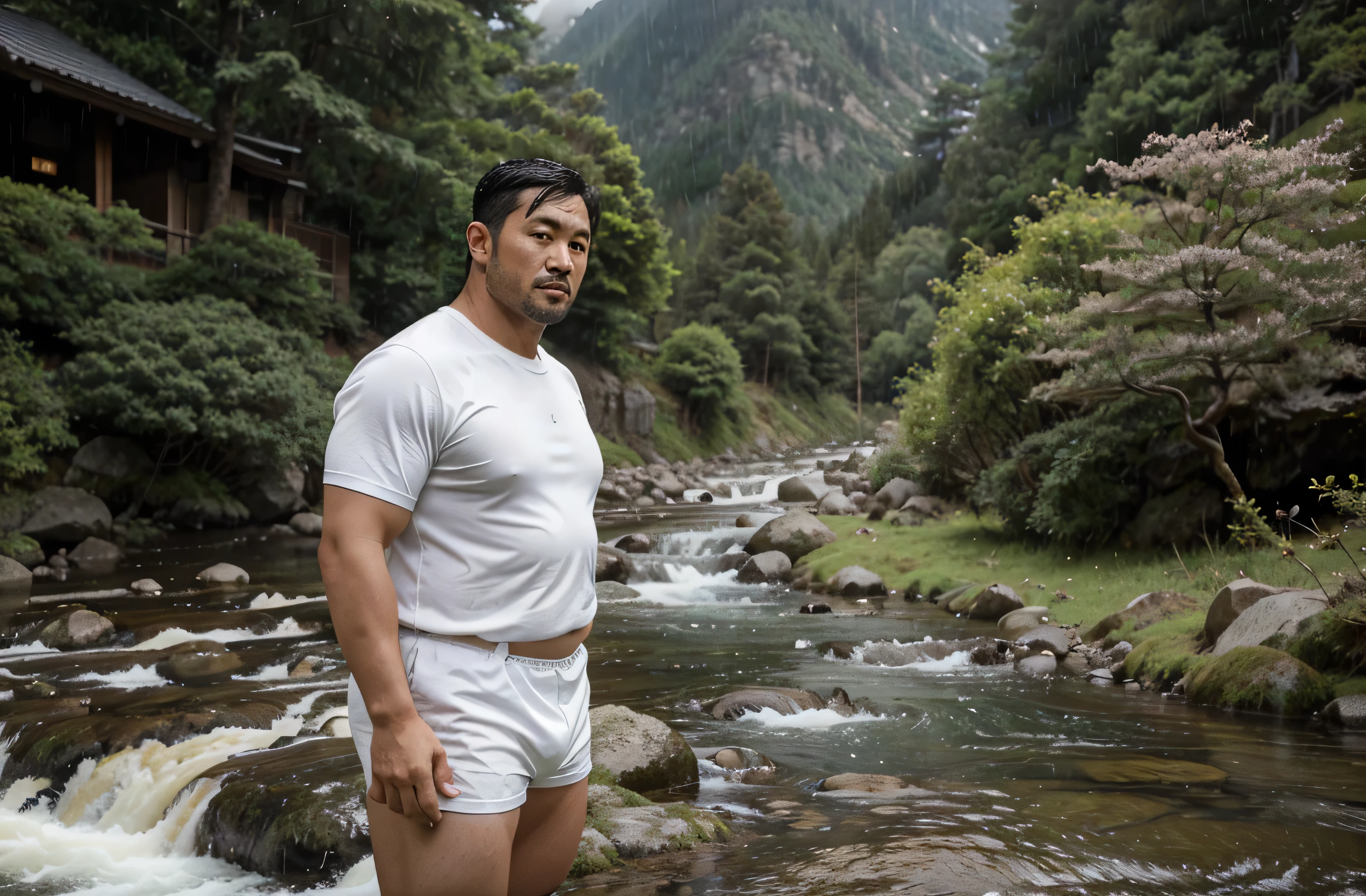 a 38-year-old Japanese former rugby player wearing white brief stands by the mountain stream. stocky chubby thick short beard very short hair rain